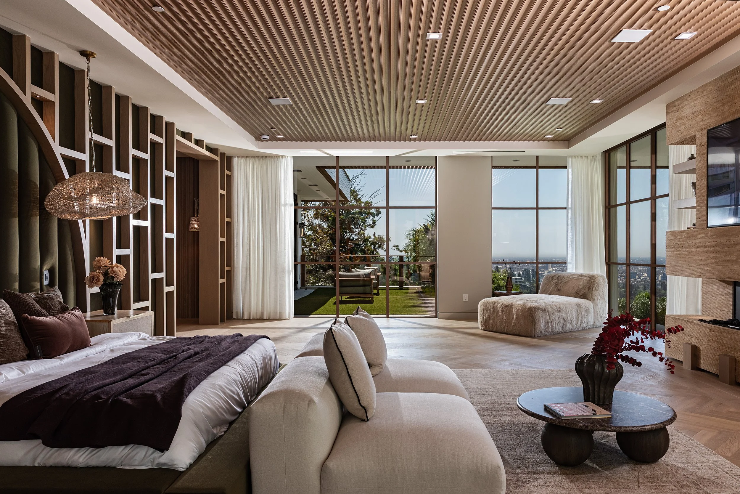 Franklin Canyon Beverly Hills modern home luxury primary bedroom with views