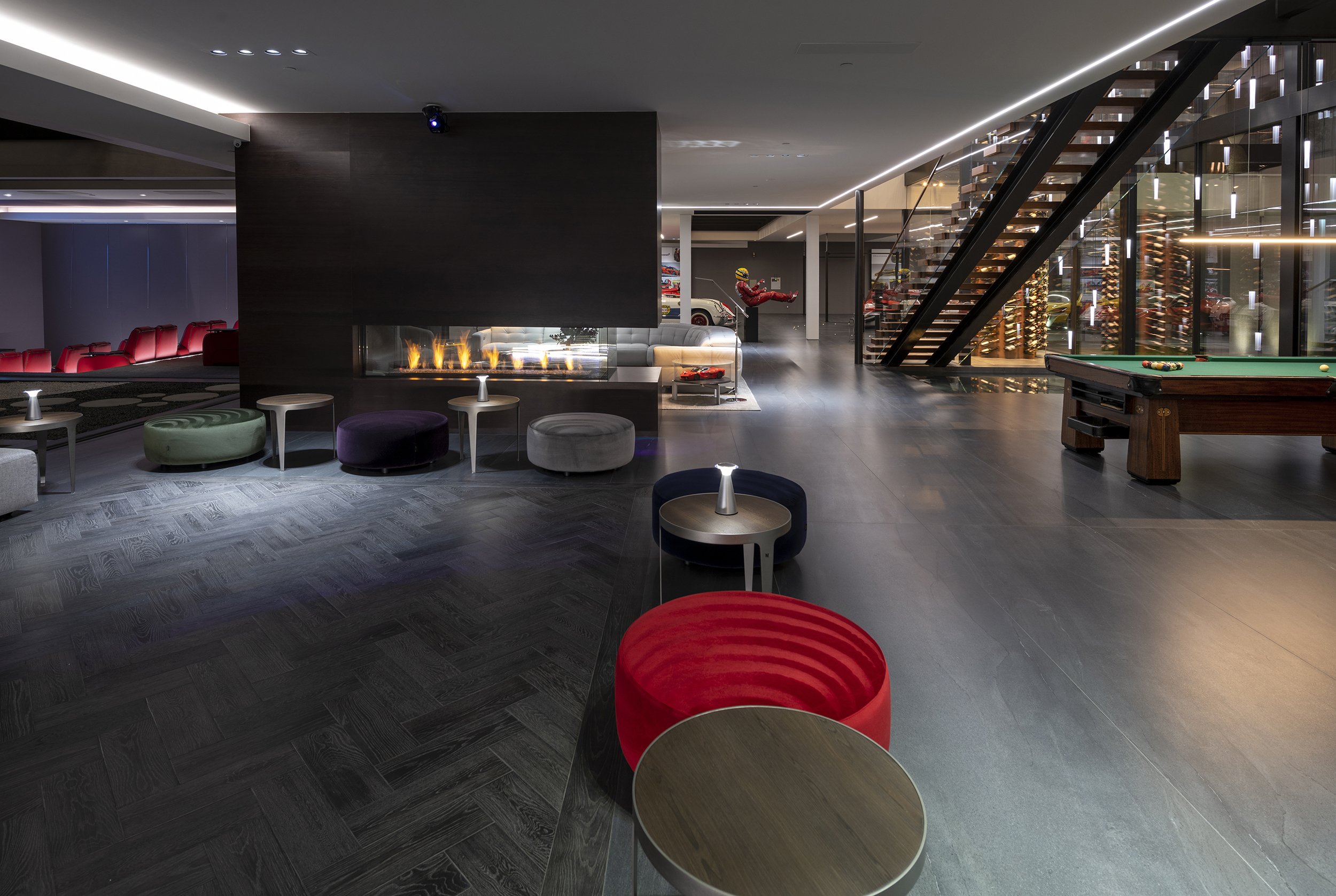 Luxury open plan entertainment level at our Serenity house in India Wells, featuring dance floor, pool table & car