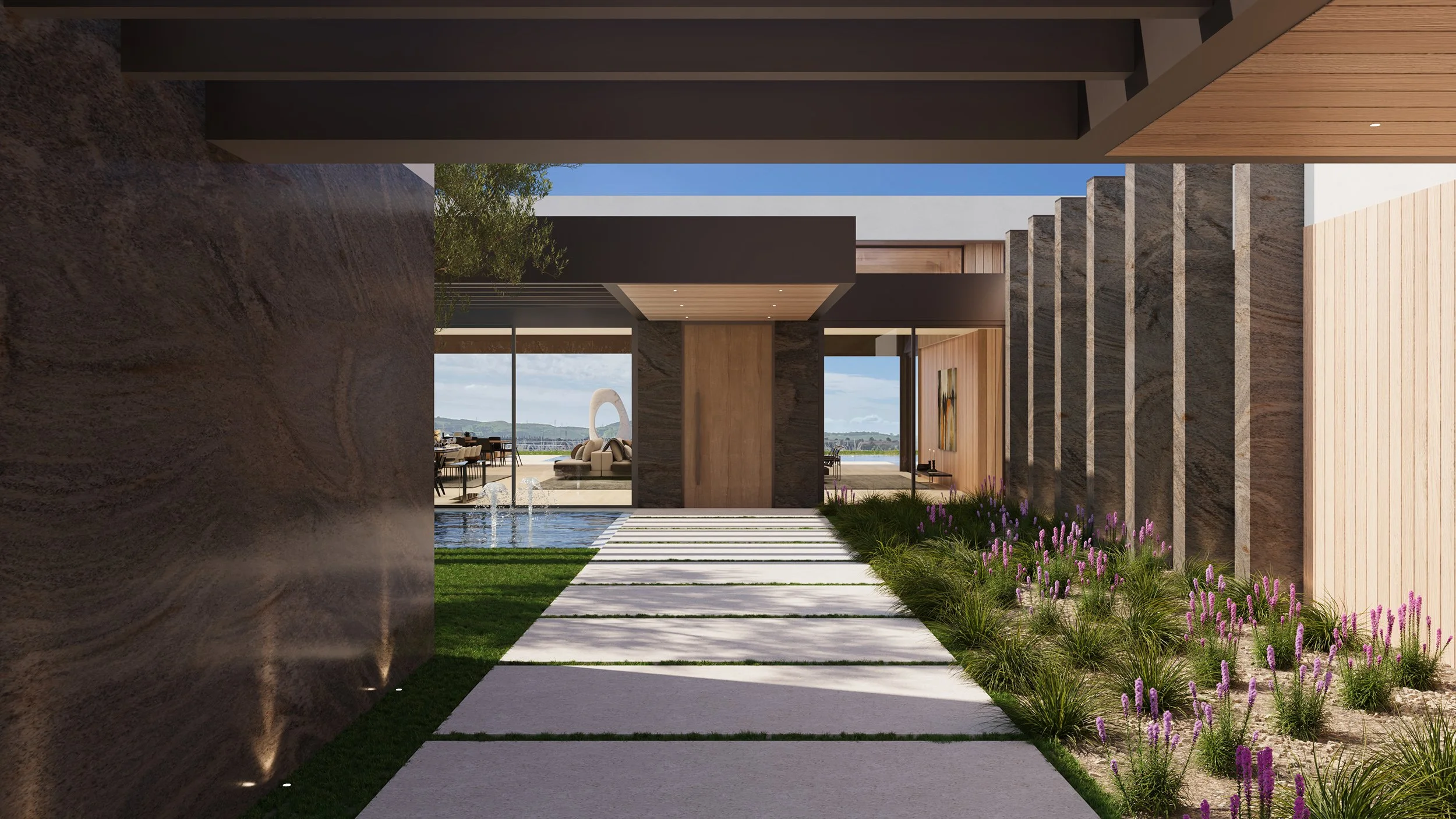 Modern entrance to Rancho Santa Fe luxury home in San Diego, California, featuring walkway over reflecting pools, ribbon windows & glass walls.