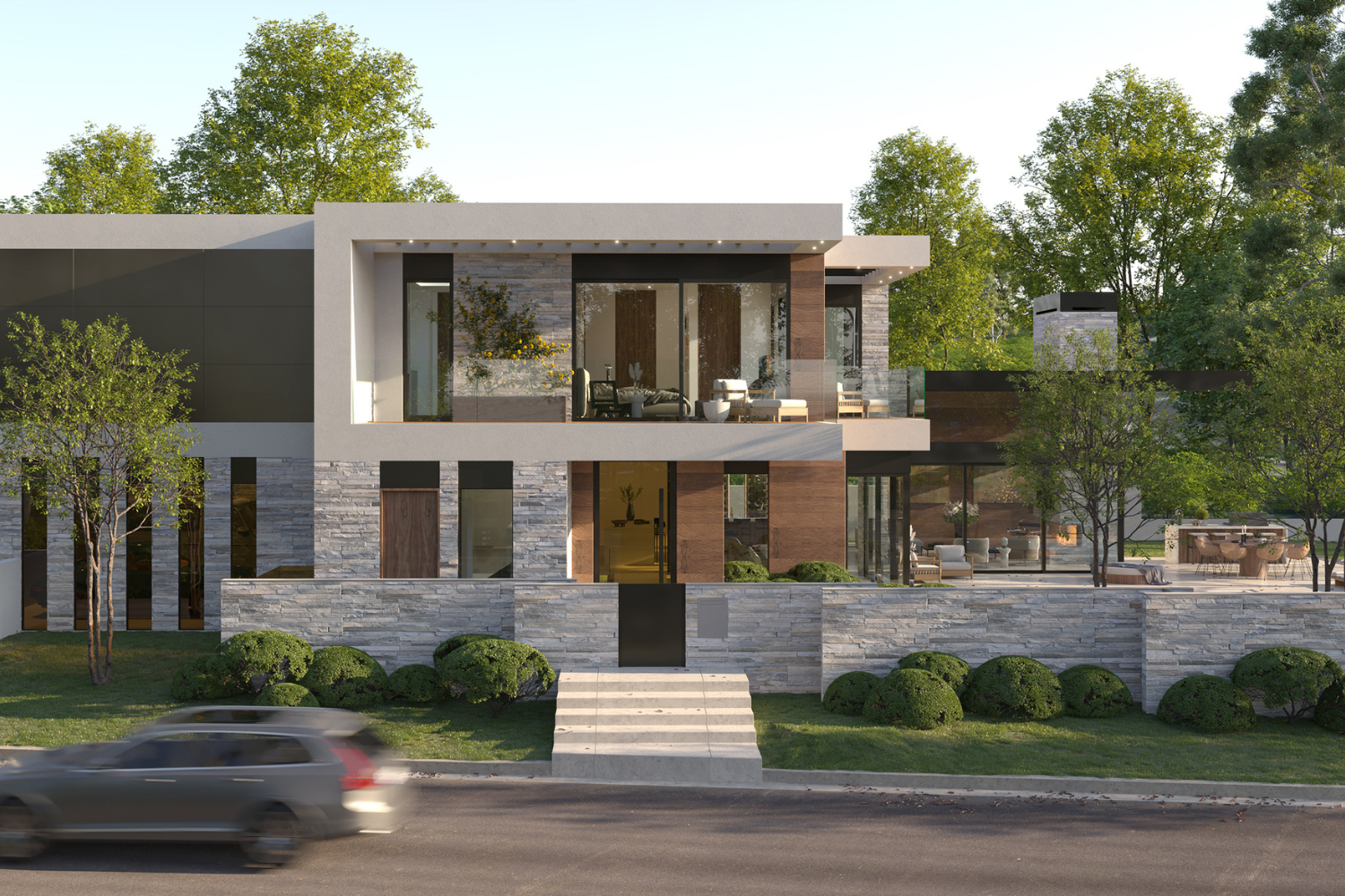 Bonhill modern architectural home in Brentwood, Los Angeles with blurred car driving by