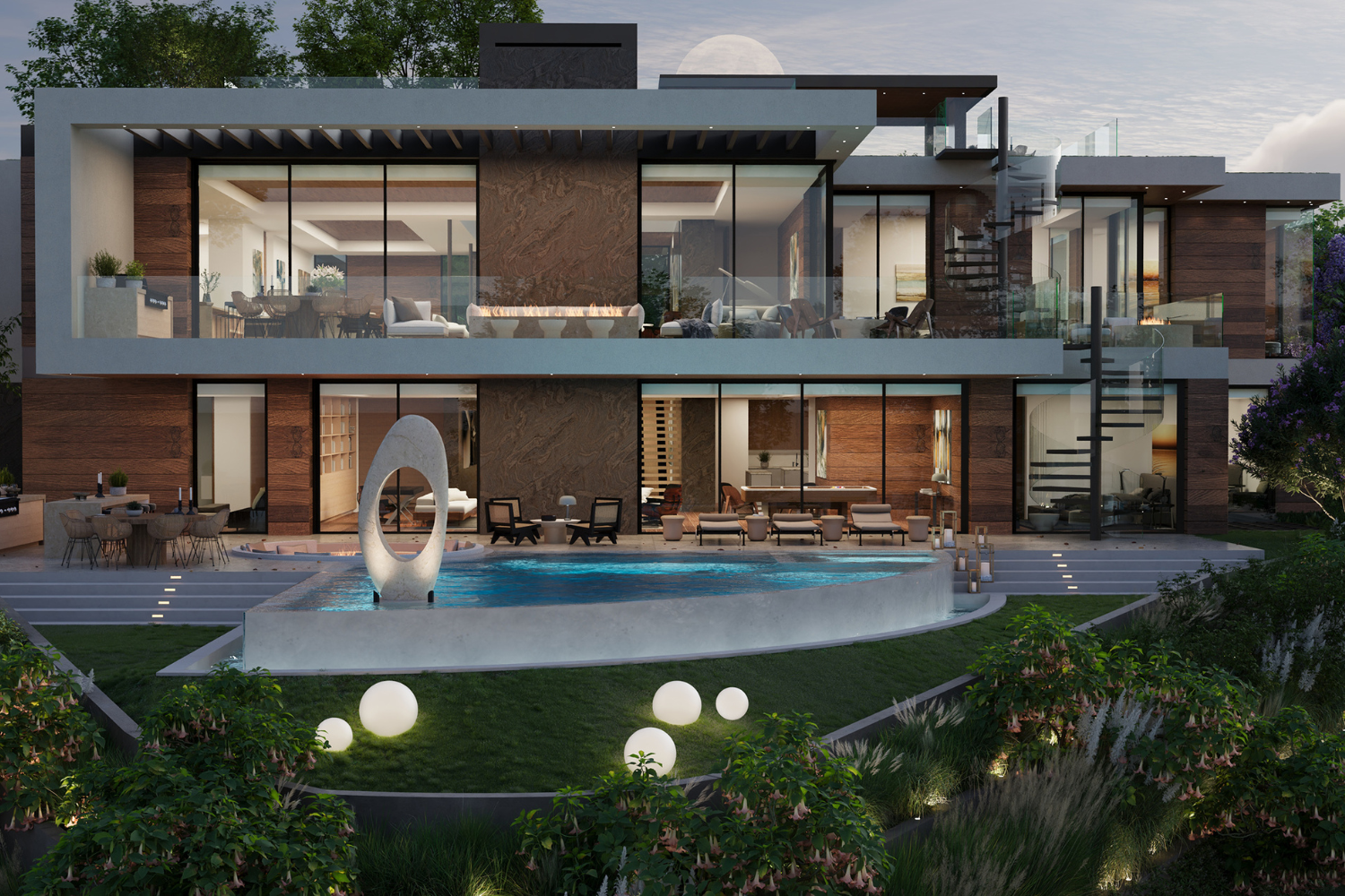 La Jolla luxury modern custom home in San Diego, California, exterior view at dusk with pool