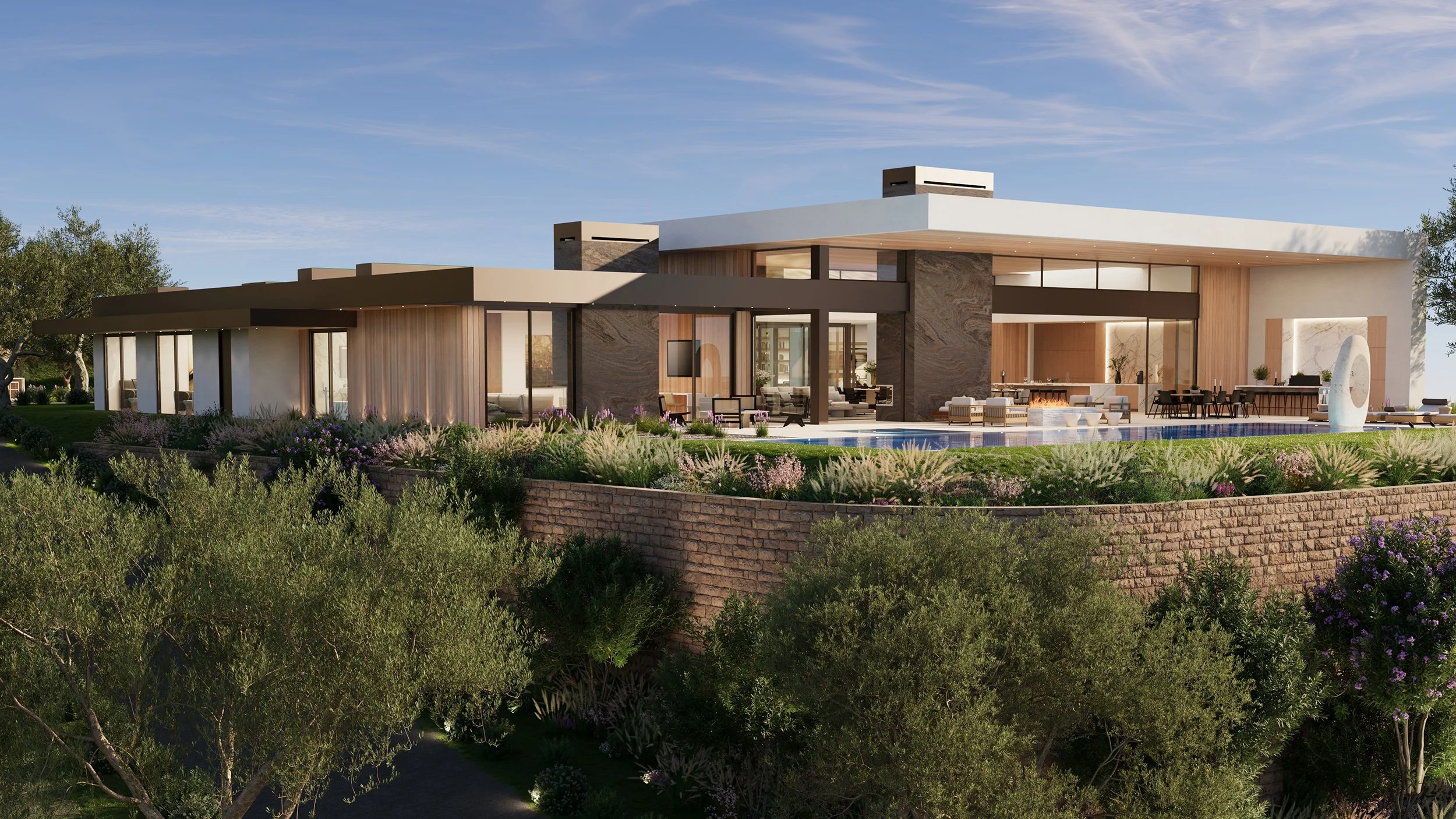 Rancho Santa Fe custom modern home in San Diego, California, featuring indoor outdoor design and resort style backyard pool terrace.