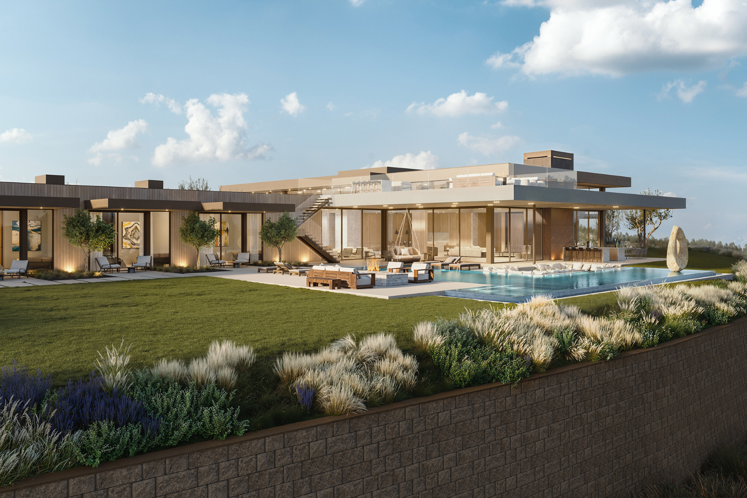 Pinnacle House modern resort style home with swimming pool & outdoor stone sculpture in Rancho Santa Fe, San Diego