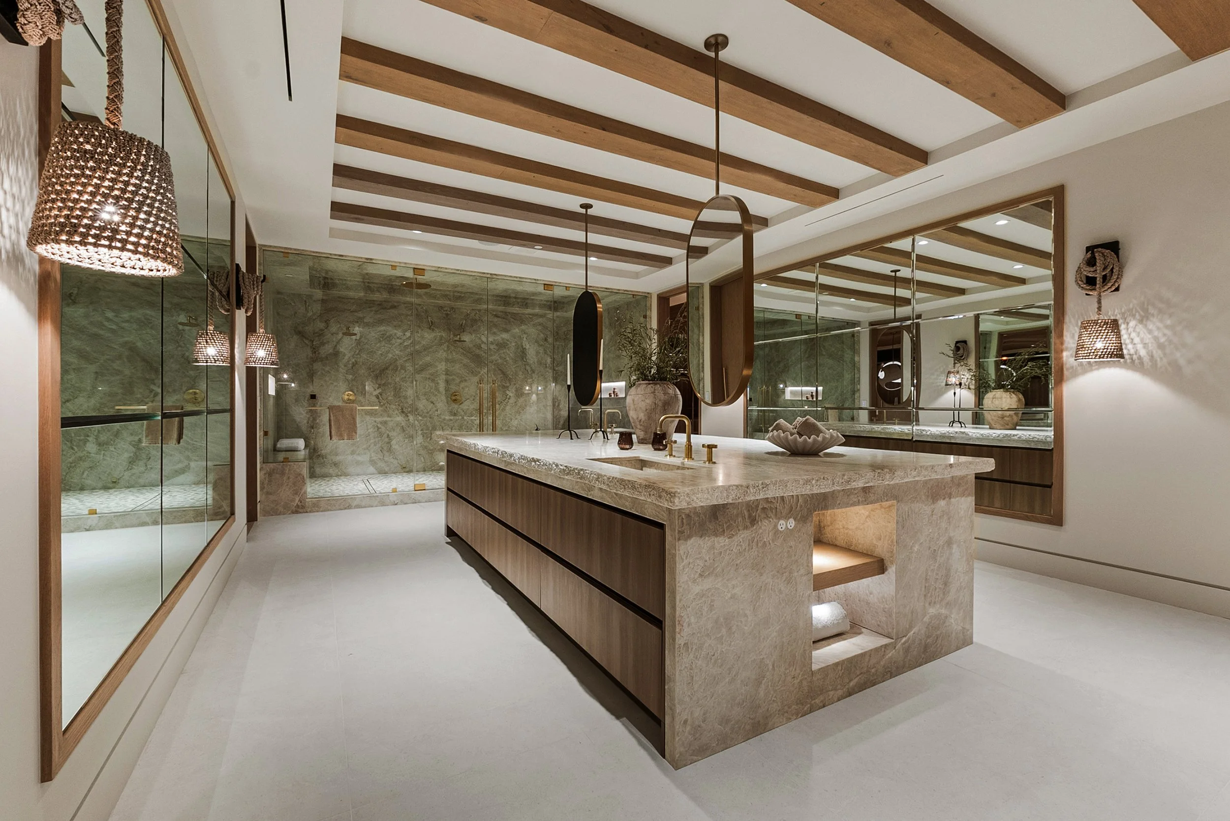 Laurel House Beverly Hills luxury home modern spa style primary bathroom with marble shower