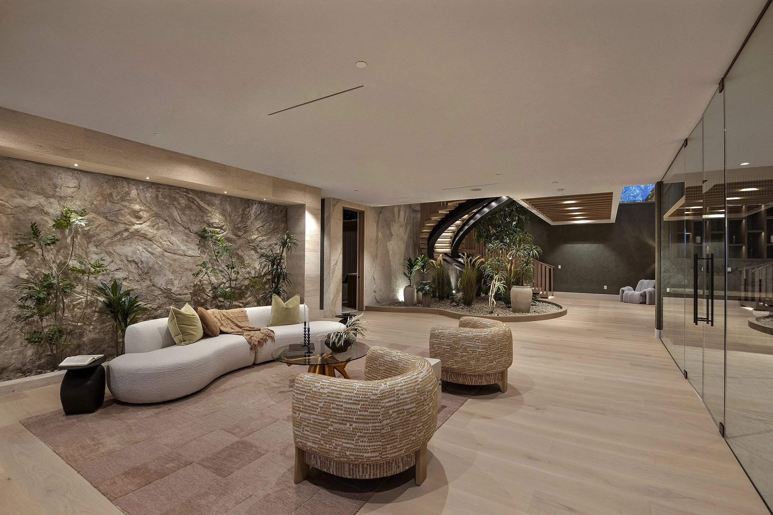 Laurel House Beverly Hills luxury open plan home with living room and glass wall wine cellar