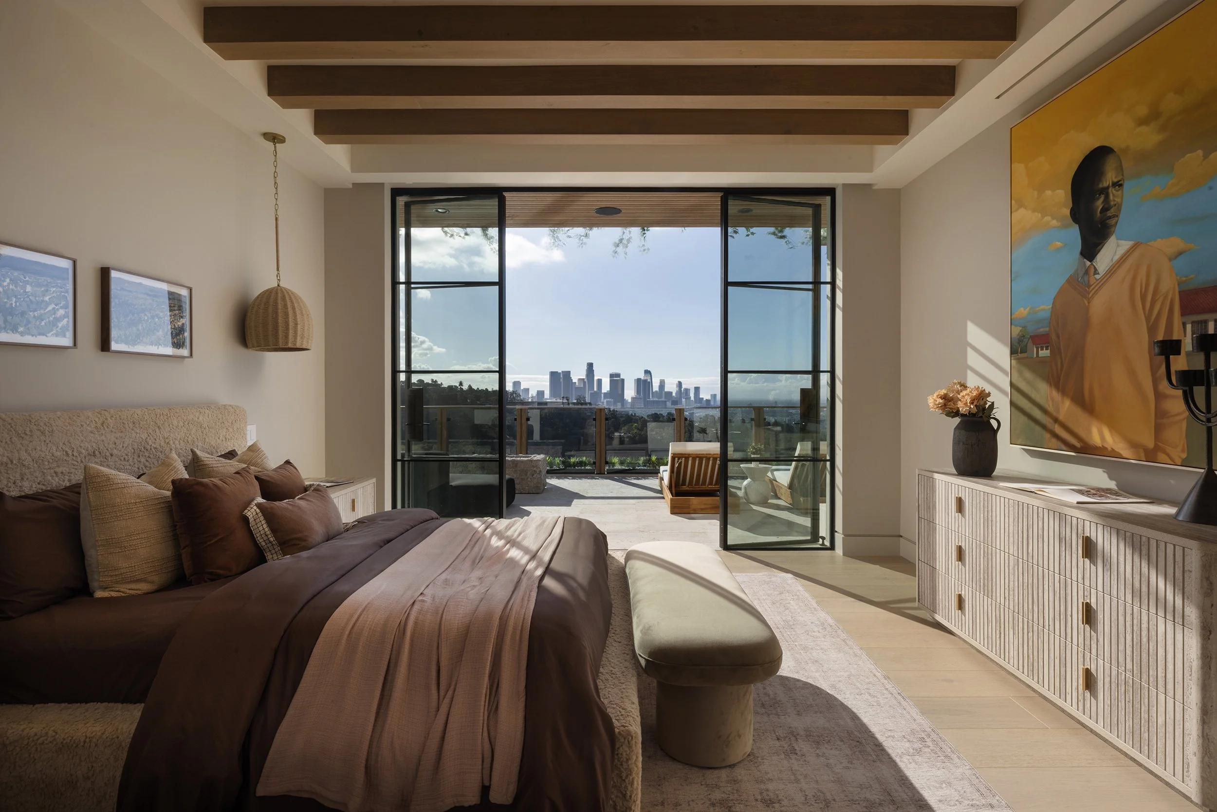 Laurel House Beverly Hills luxury home modern guest bedroom with terrace and views