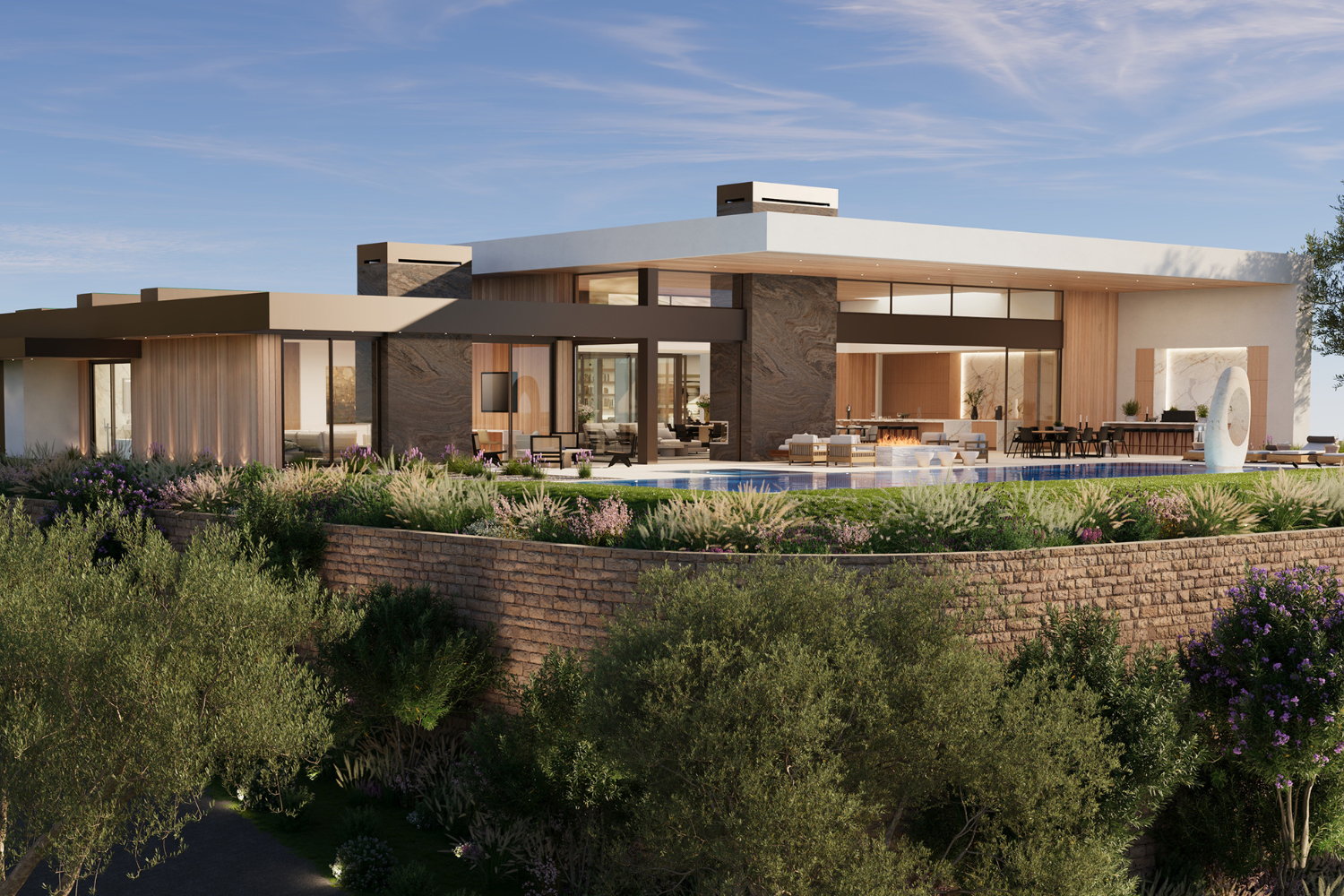 Rancho Santa Fe modern home in San Diego, Califorina, with custom luxury design and resort style living spaces, including backyard swimming pool