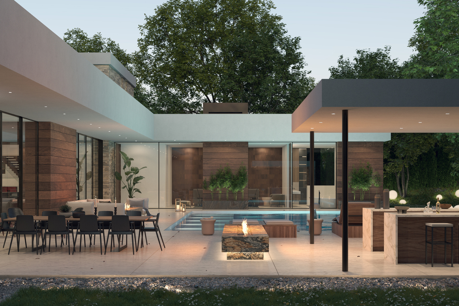 High Valley luxury home in Encino, Los Angeles, with modern pool terrace with fire pit, and outdoor kitchen and dining