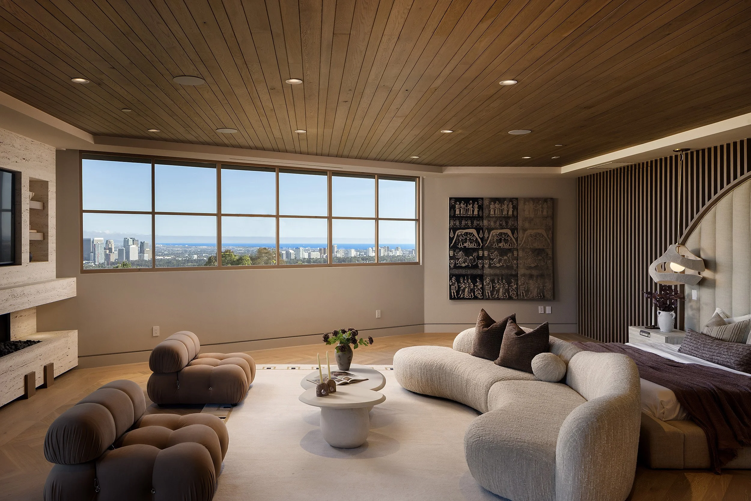 Laurel House Beverly Hills modern home luxury primary bedroom with light filled interior & tv lounge