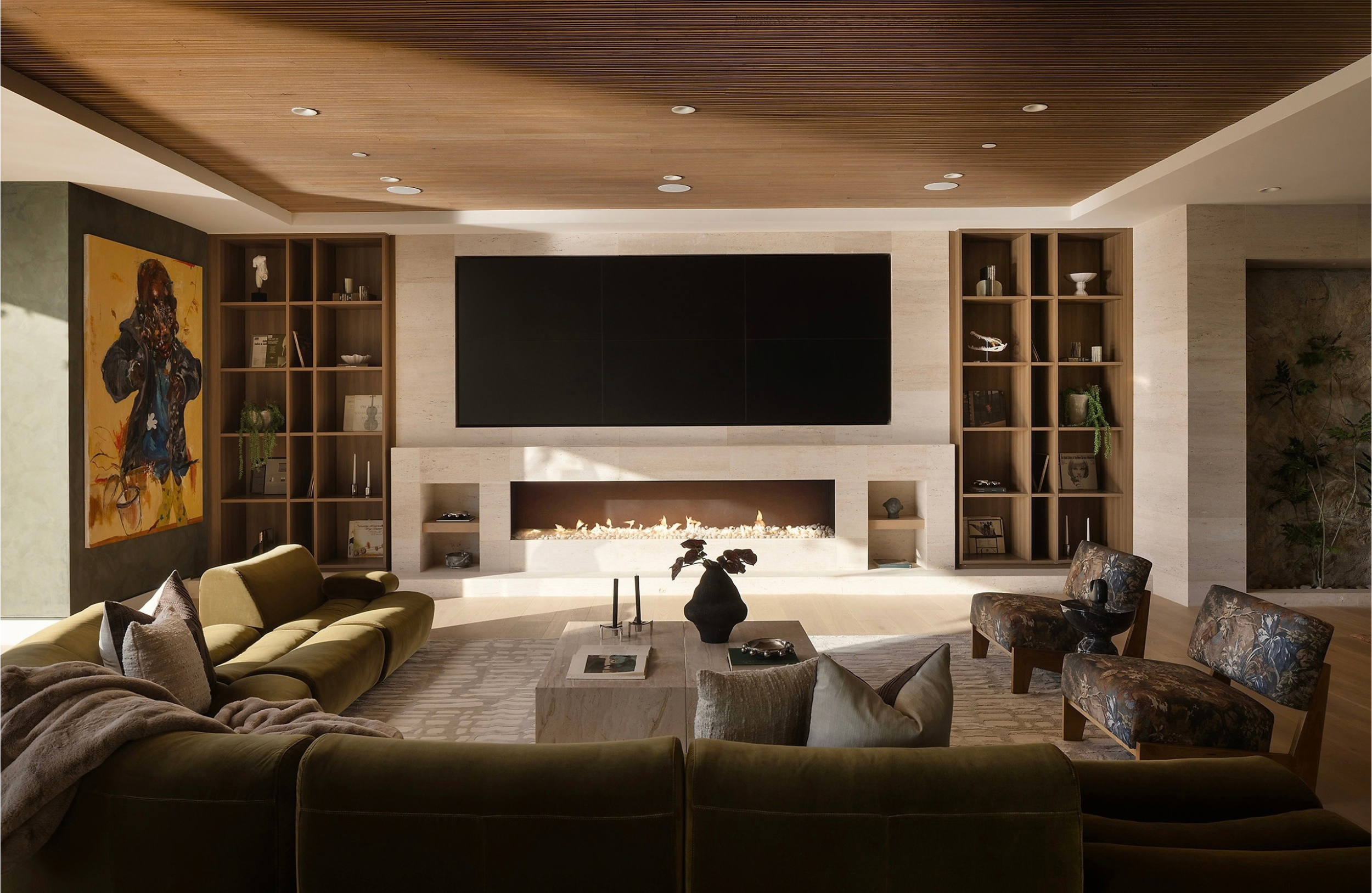 Laurel House Beverly Hills luxury home modern living room with artworks & tv