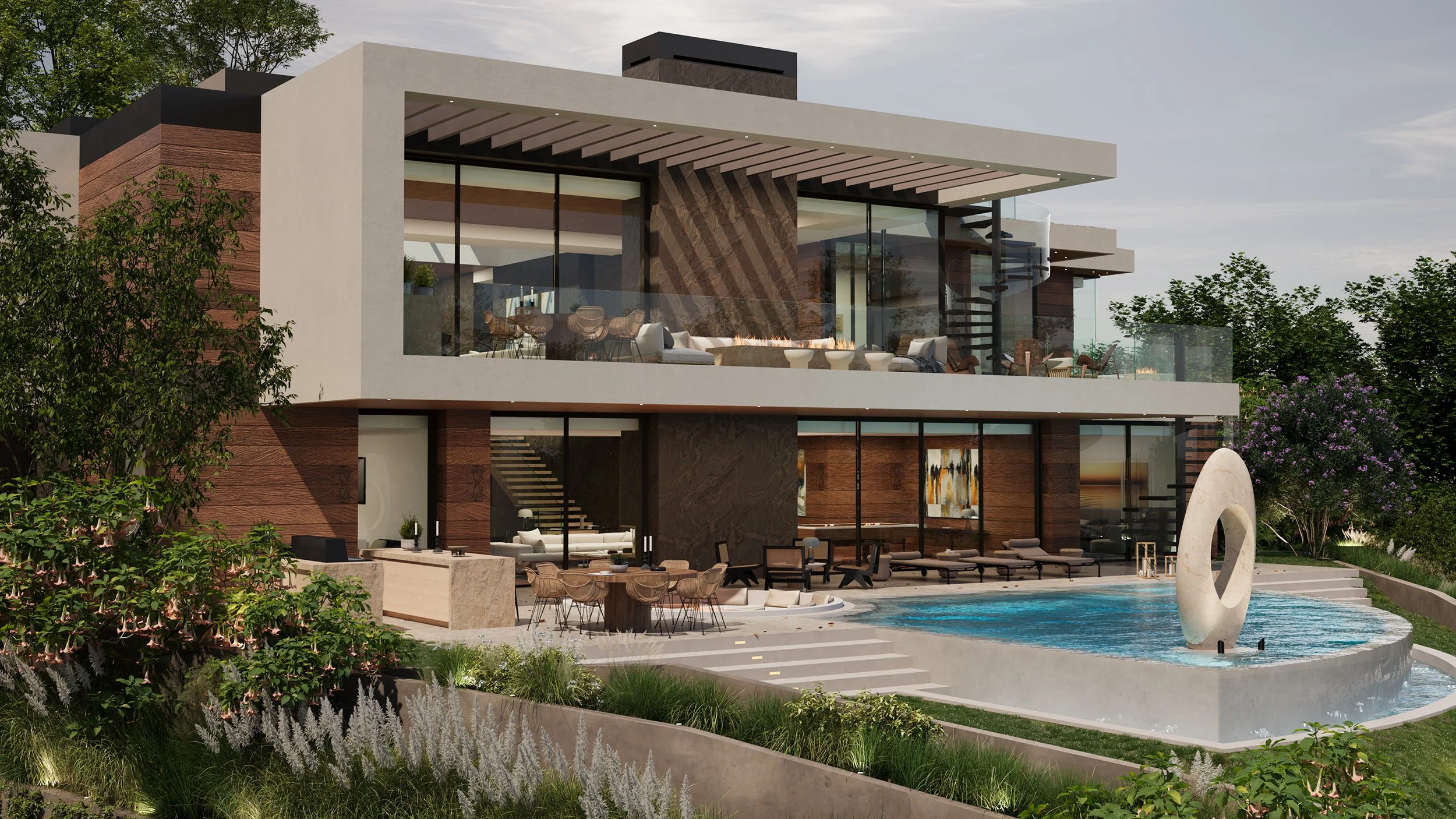 La Jolla luxury modern resort style home with swimming pool and outdoor sculpture in San Diego, California