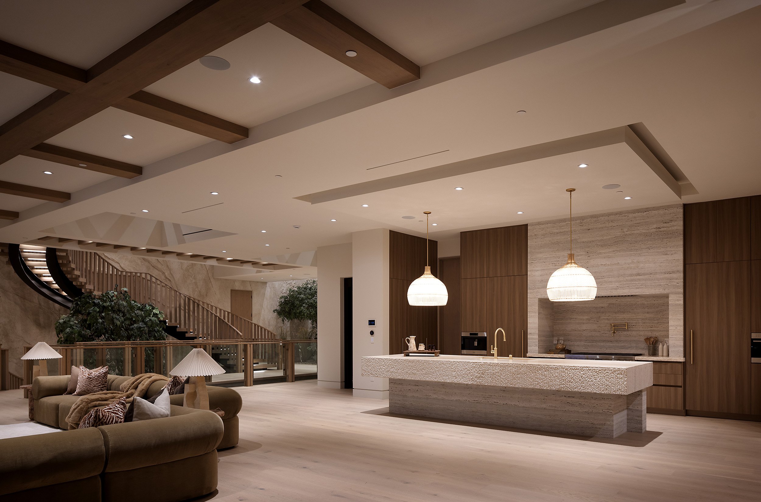 Laurel House Beverly Hills luxury home modern open plan kitchen and living room at night