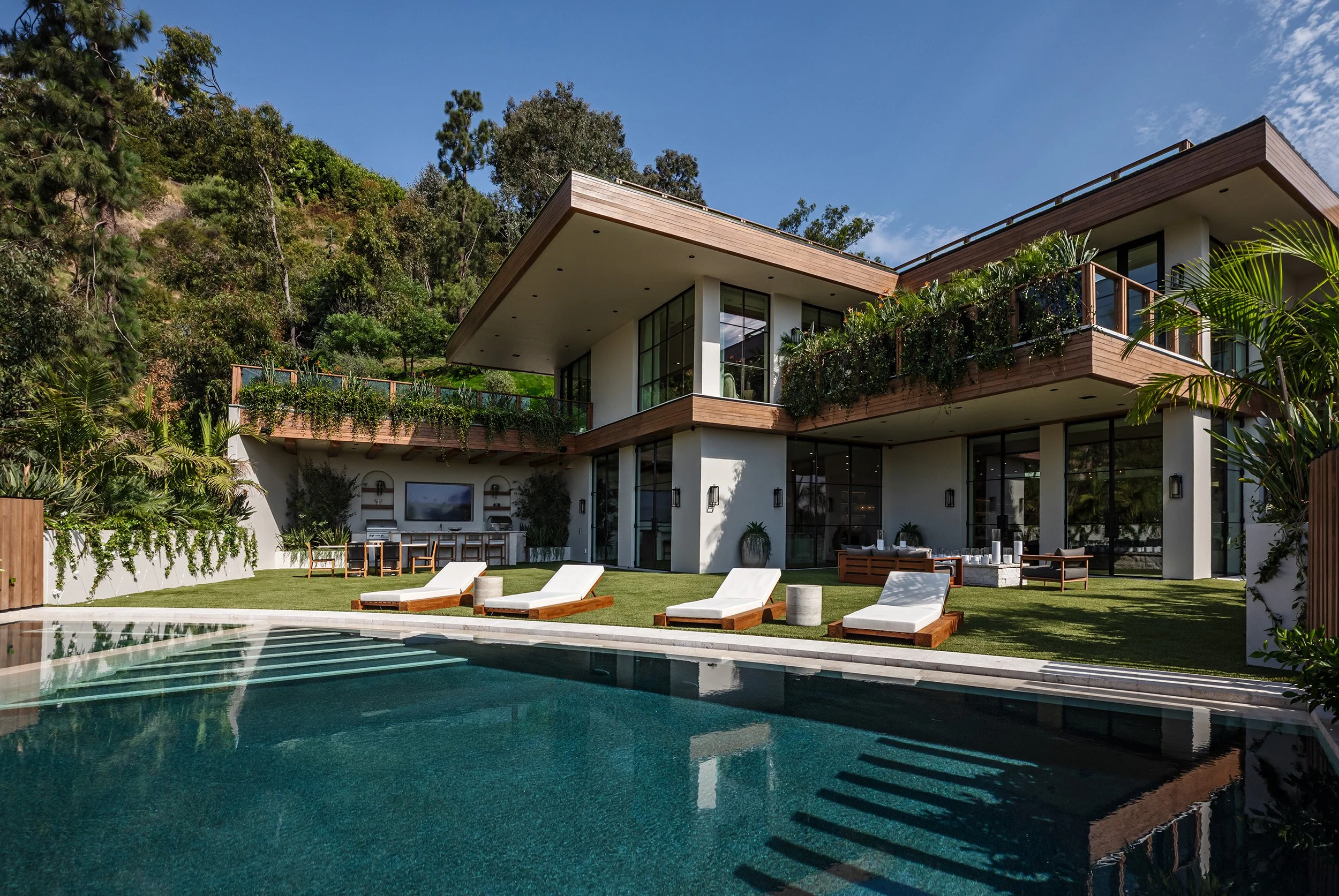 Franklin Canyon Beverly Hills modern home exterior & backyard pool terrace