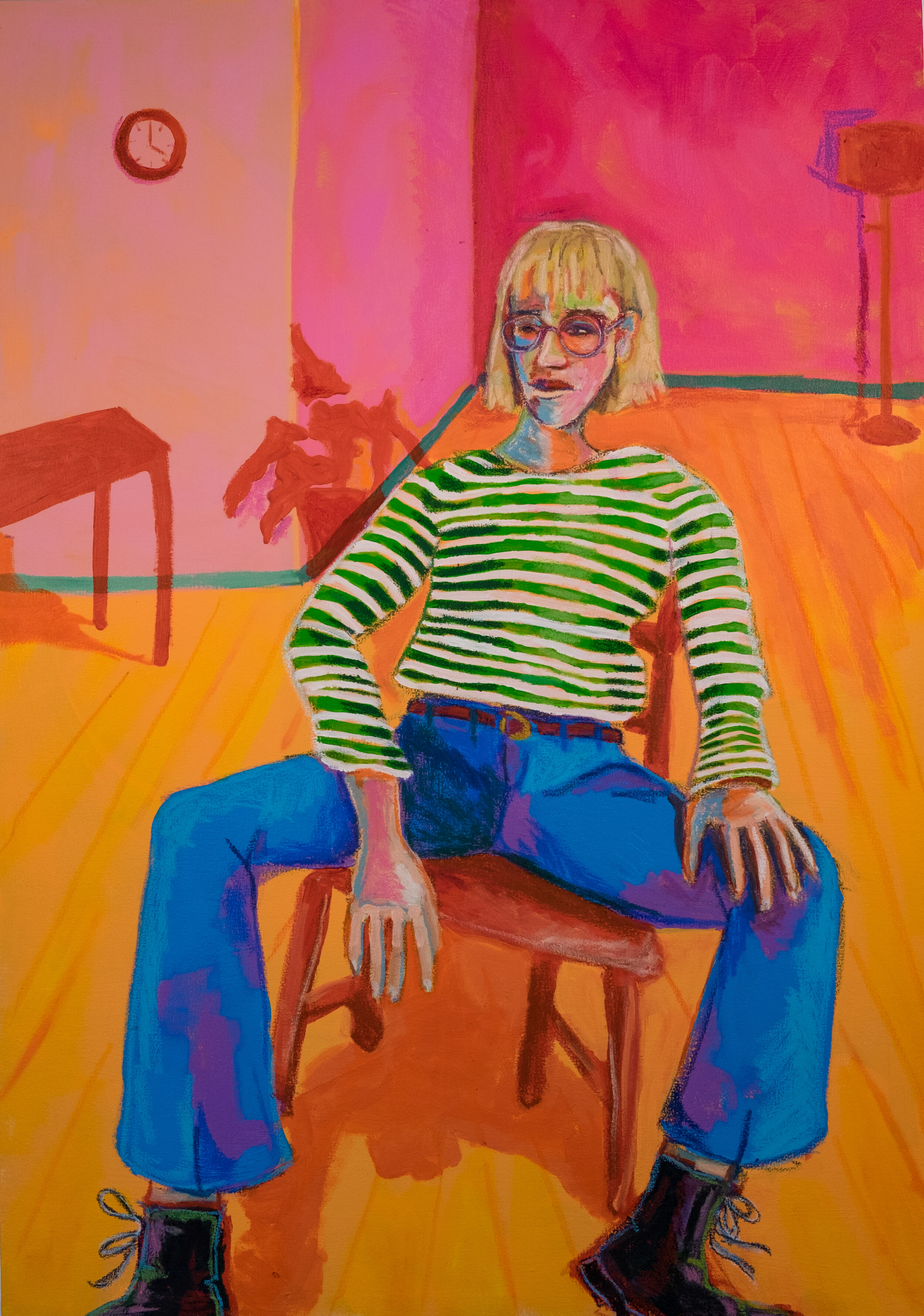   Seated in a Striped Shirt   Acrylic Paint and Oil Pastel on Canvas  2018  30 inches x 43 inches 