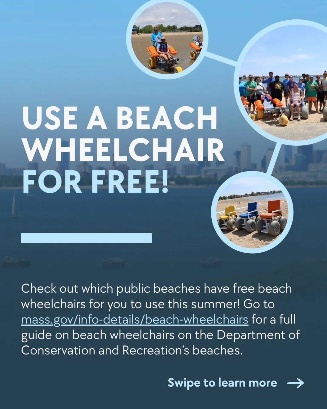 Everyone deserves a day at the beach. 

That's why many @massdcr beaches offer free beach wheelchairs to help visitors access the sand and enjoy the shoreline. We've gathered everything you need to know in one place, including where beach wheelchairs