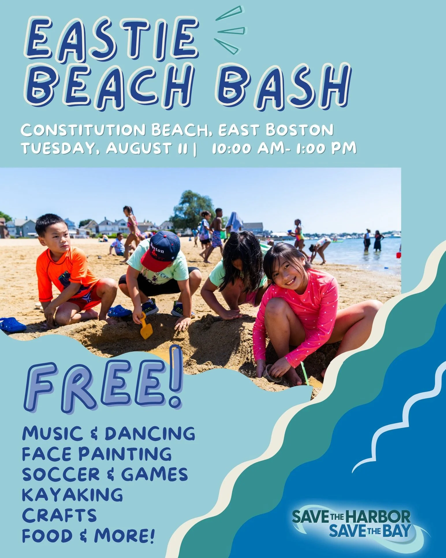Get ready for a day of sun, fun, and everything we love about summer on the harbor!

Join us on Tuesday, August 11 from 10 AM&ndash;1 PM for our Eastie Beach Bash at Constitution Beach.

Bring the whole family or your summer youth group and enjoy:
🎪