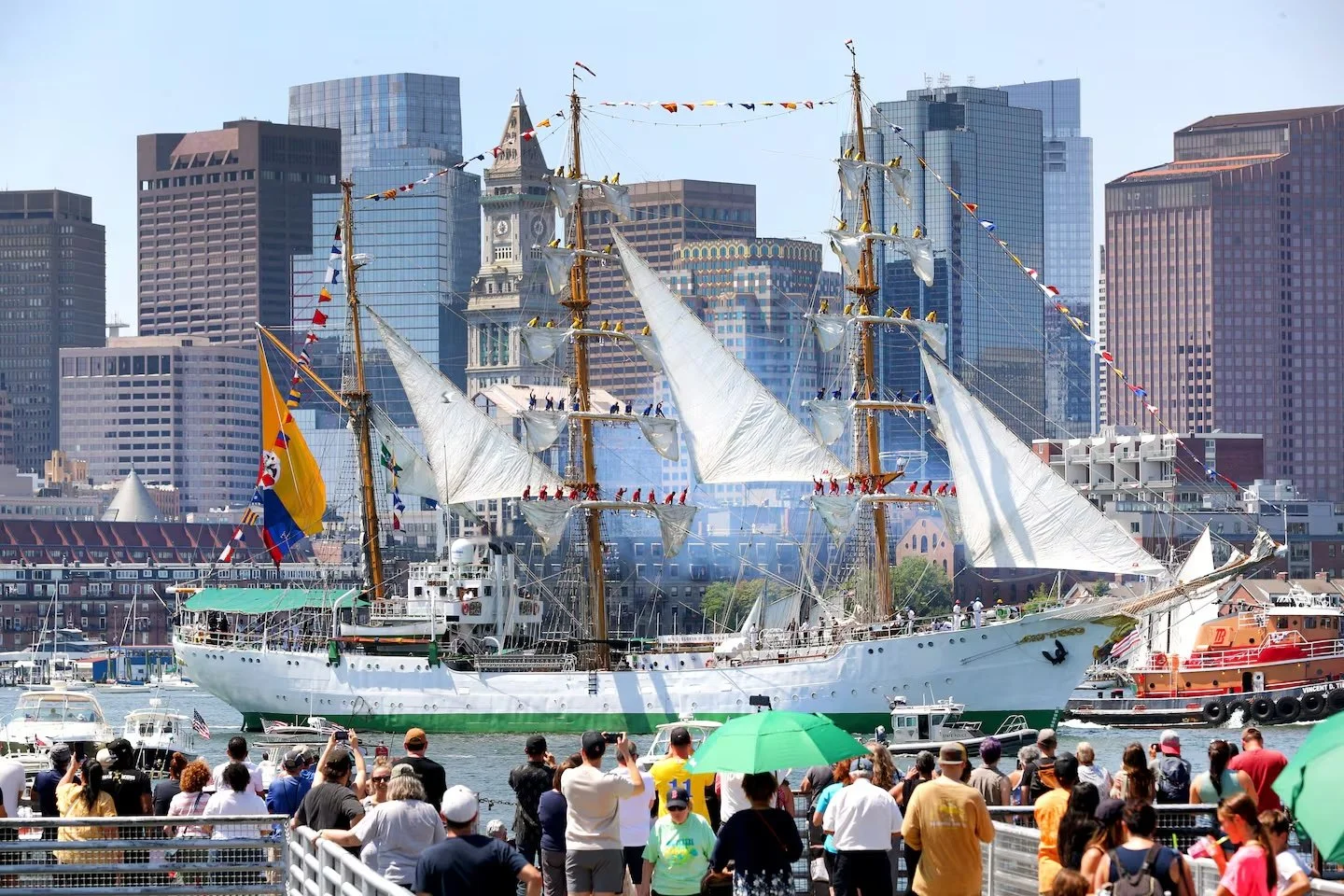 The Colombian tall ship ARC Gloria made its way through Boston Harbor on July 11 as people gathered in LoPresti Park to watch from the waterfront in East Boston.