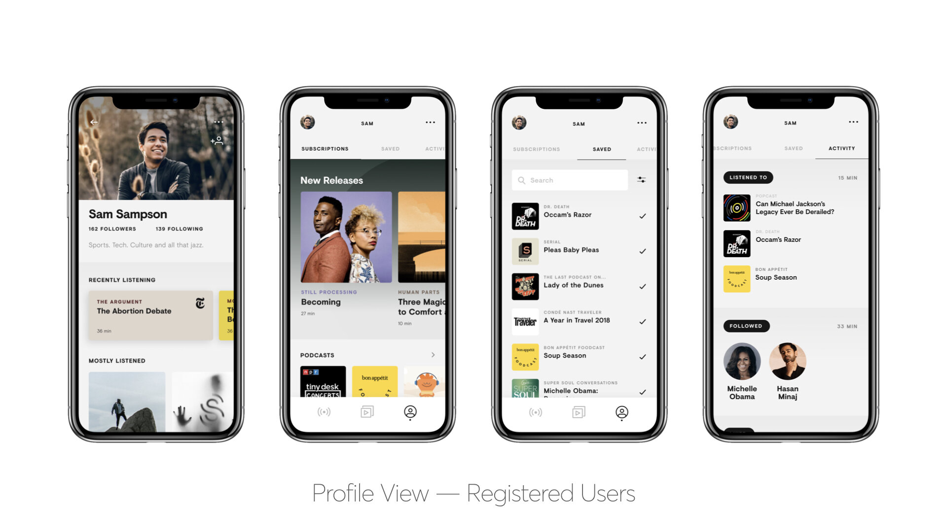 Four smartphones displaying a podcast app interface with user profile, subscriptions, saved podcasts, and recent activity. Spkr.