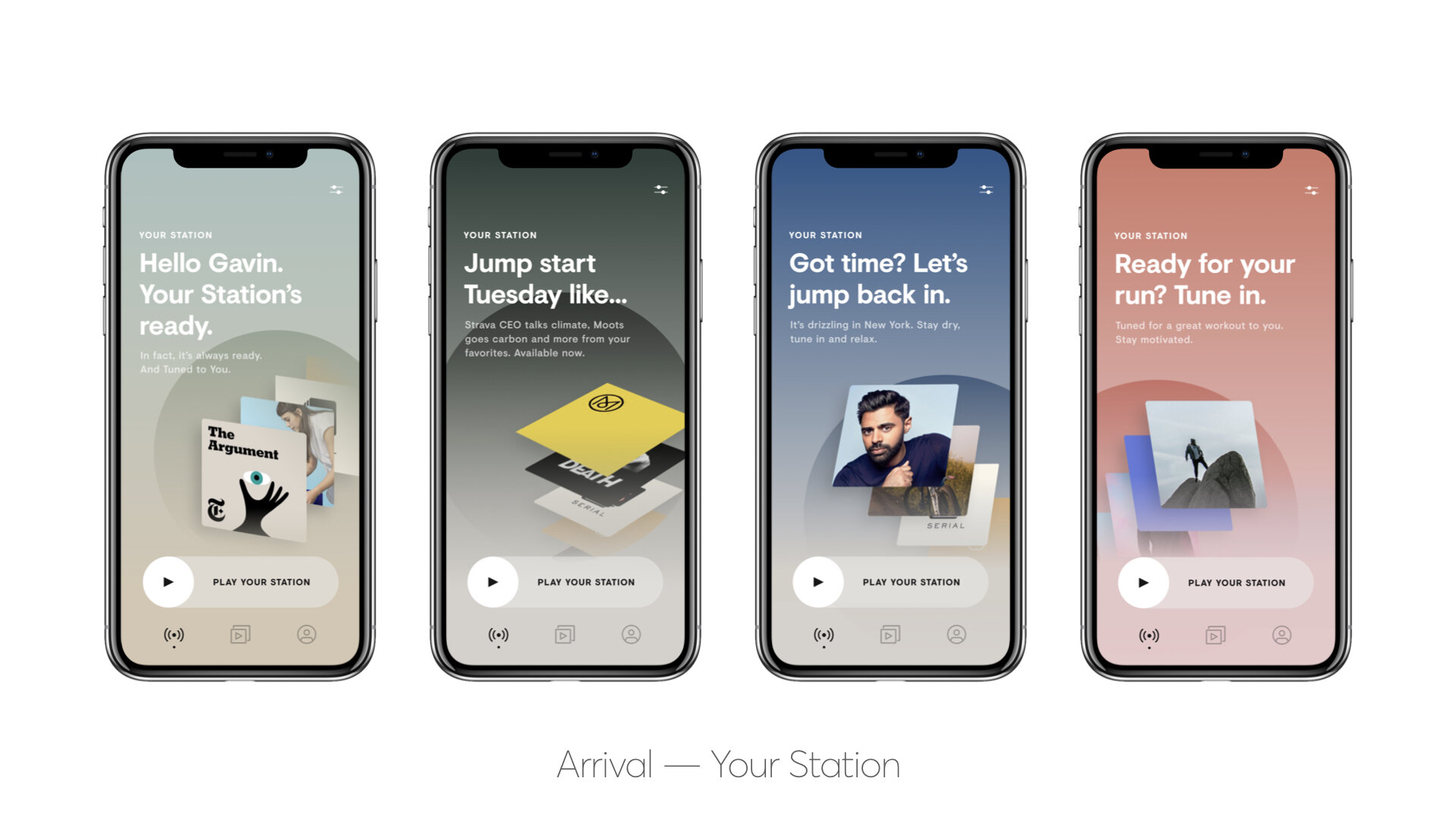 Four smartphones displaying a personalized audio app interface with options like "Your Station's Ready," "Jump Start Tuesday," "Let's Jump Back In," and "Ready for Your Run." Each screen has a play button for "Play Your Station." Spkr.