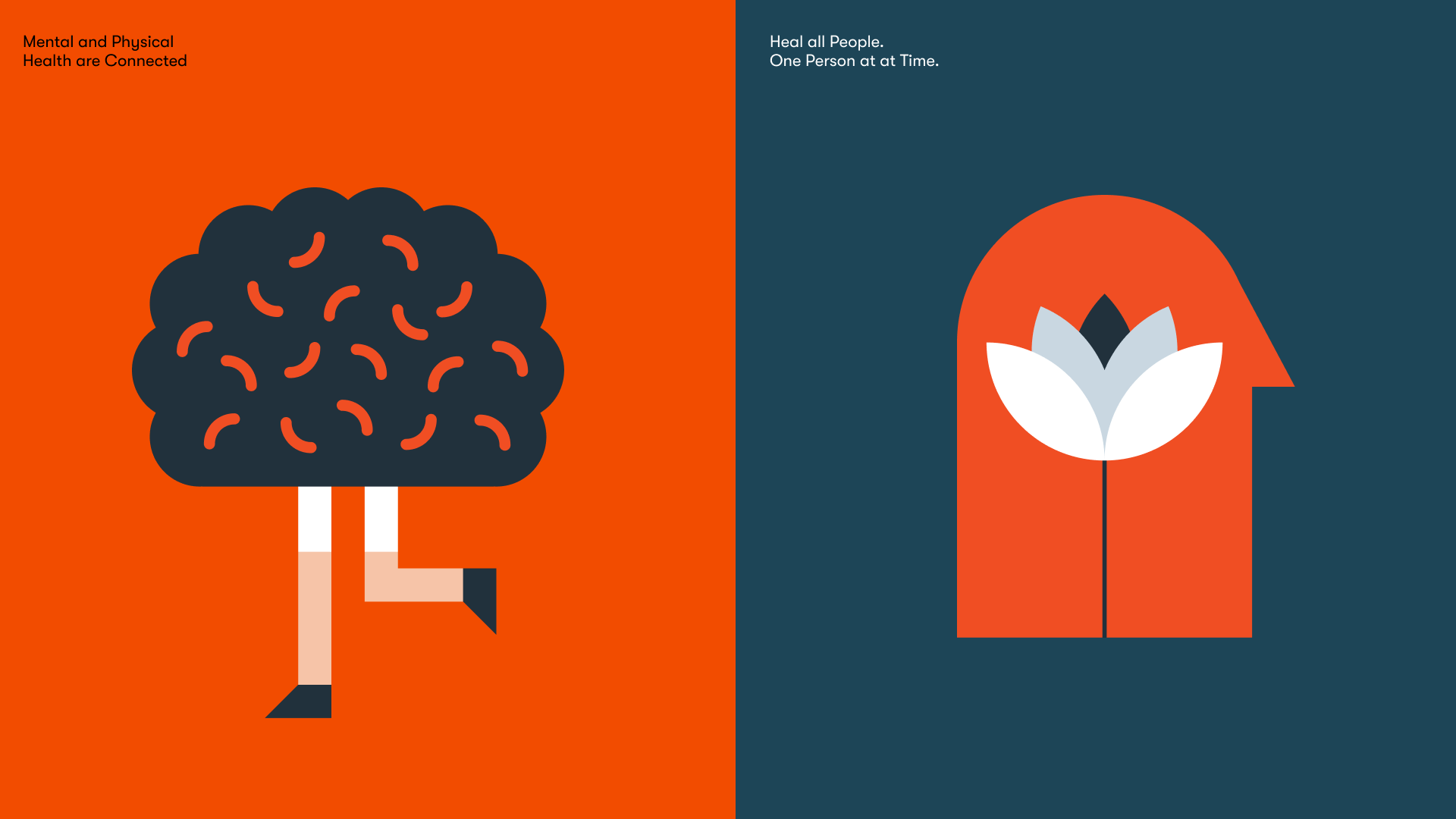 Illustration depicting the connection between mental and physical health. "Mental and Physical Health are Connected" and "Heal all People. One Person at a Time." Grundini. Twill. Rebrand. Happify Health.