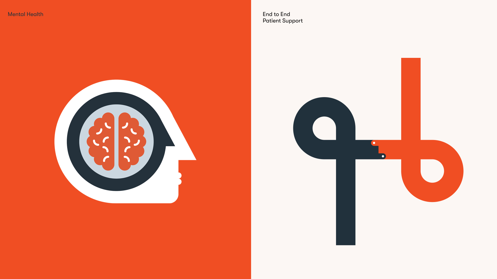 Abstract illustration with a human head profile on the left showing a brain, and an intertwined key pattern on the right, symbolizing mental health and patient support. Grundini. Twill. Rebrand. Happify Health.