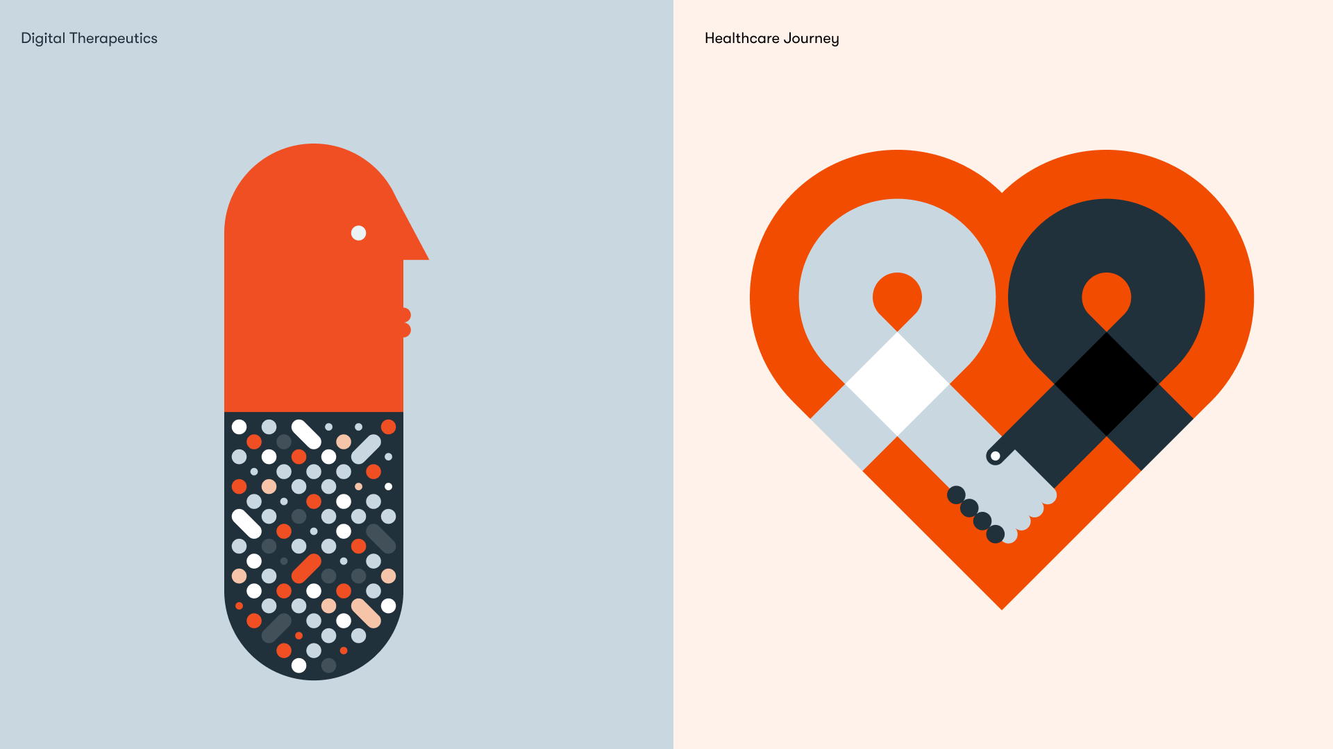 Illustration showing a conceptual design for digital therapeutics and healthcare journey. Grundini. Twill. Rebrand. Happify Health.