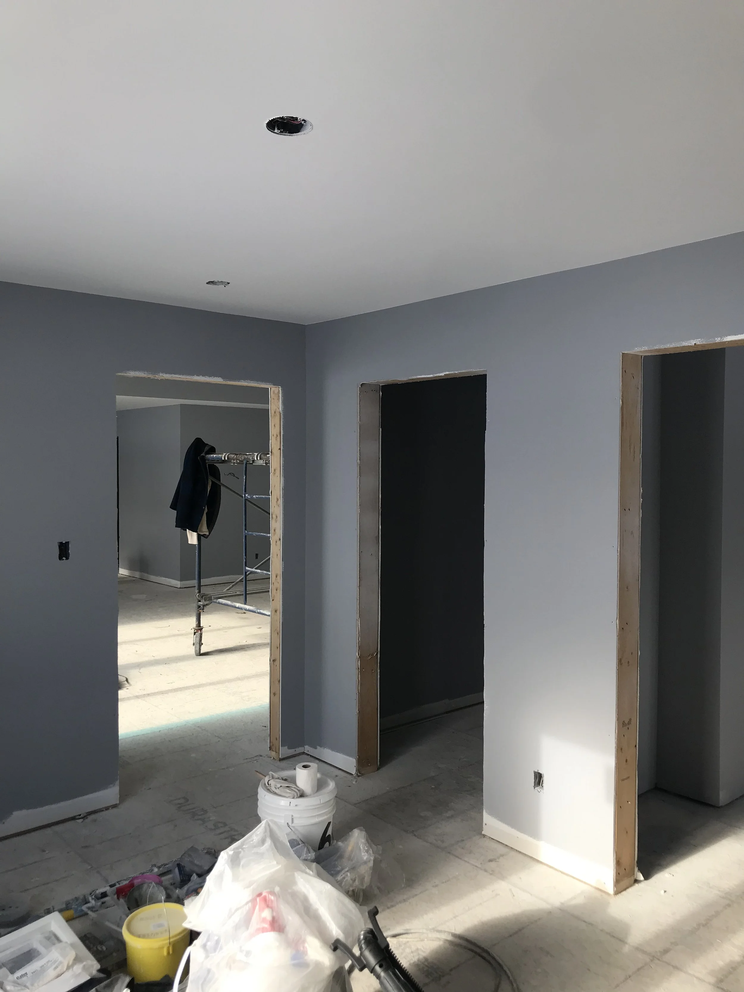 Primed drywall and ceilings, followed by two coats of walls and ceilings