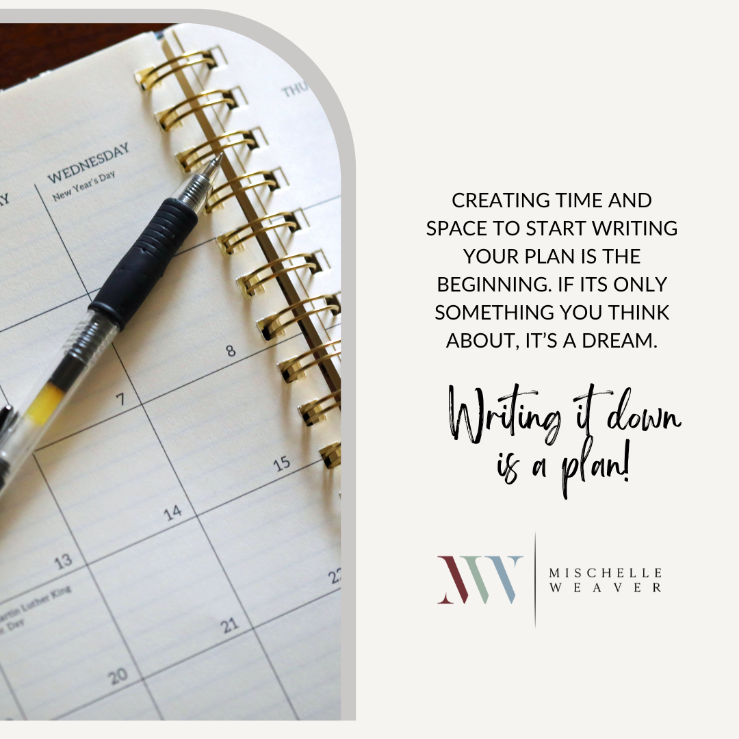 Creating time and space to start writing your plan is the beginning.  If its only something you think about, it’s a dream.  Writing it down is a plan!