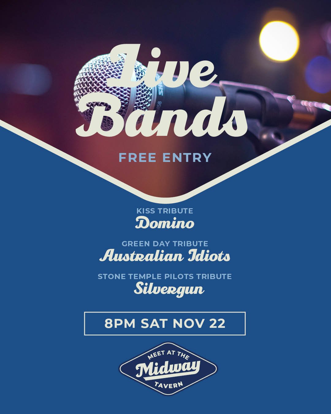 🔥 Triple Band Show this Saturday!

Get ready for a massive night of live tributes featuring KISS, Green Day, and Stone Temple Pilots.

🎶 8PM | Free Entry | The Midway Tavern