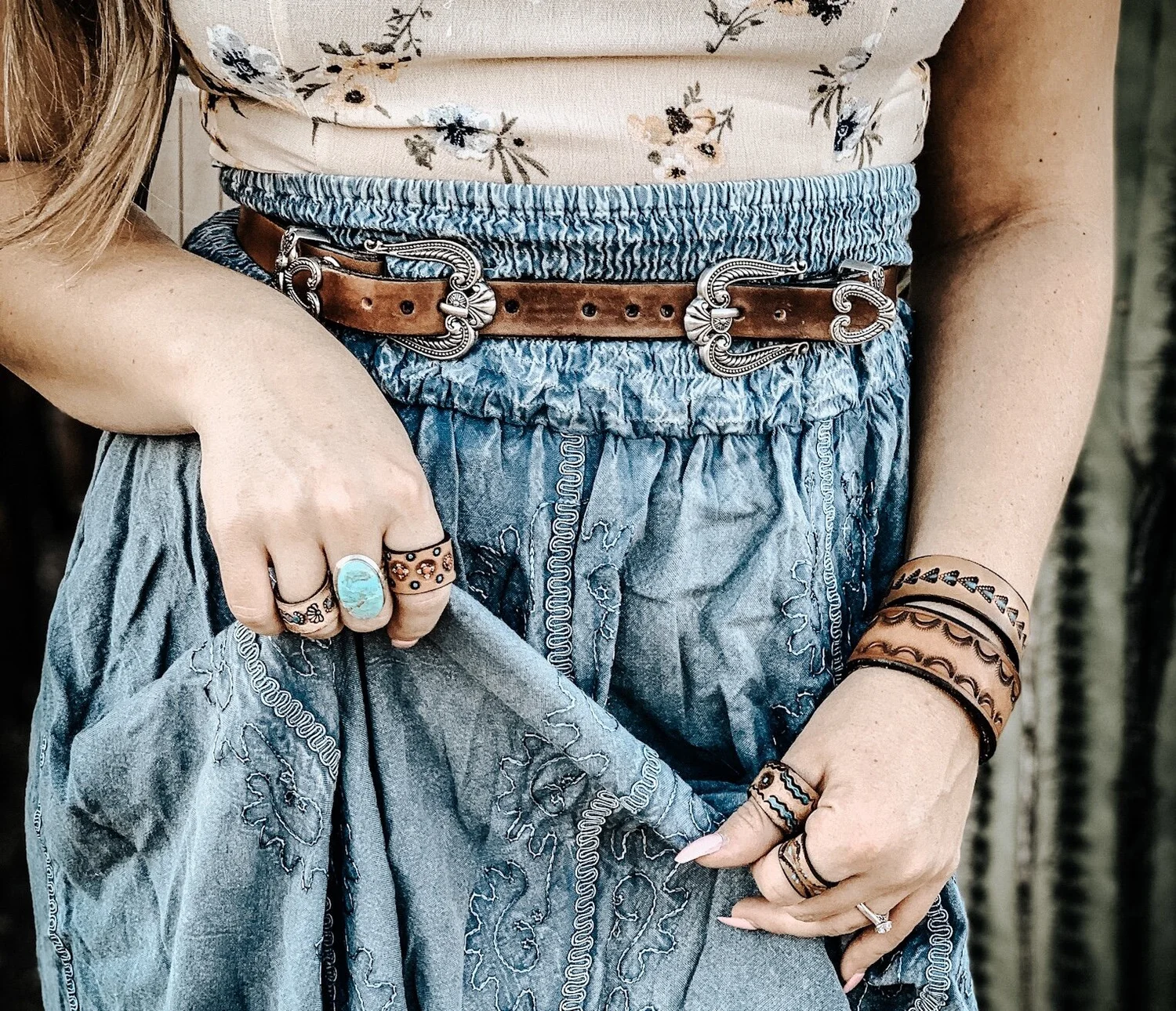 Double buckle belt, boho belt wide-double-circle-buckle-  main image 4