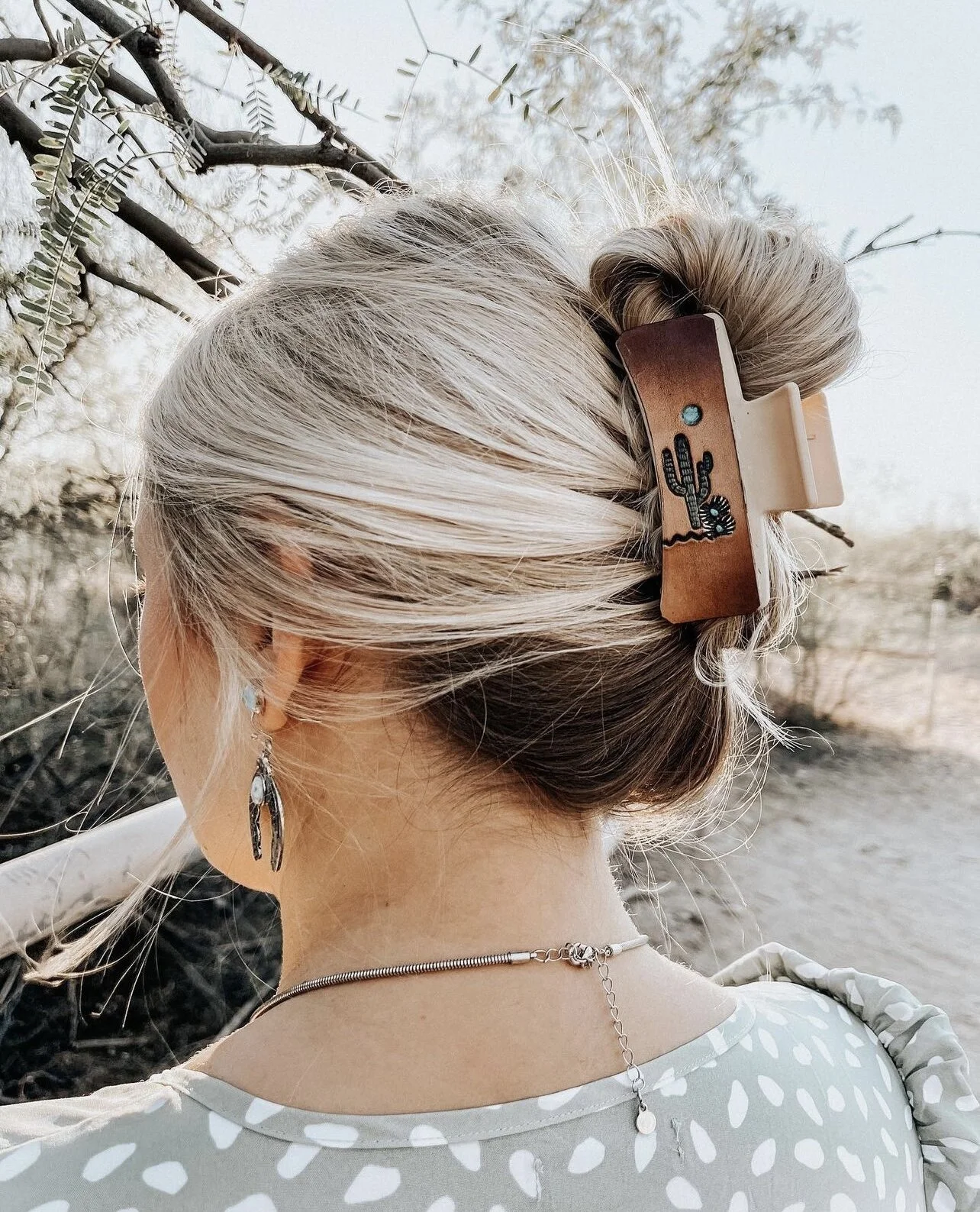 Western Boho CactusPrint Hair Clip Claw Wholesale Leather Claw Western Hair Clip  main image 3