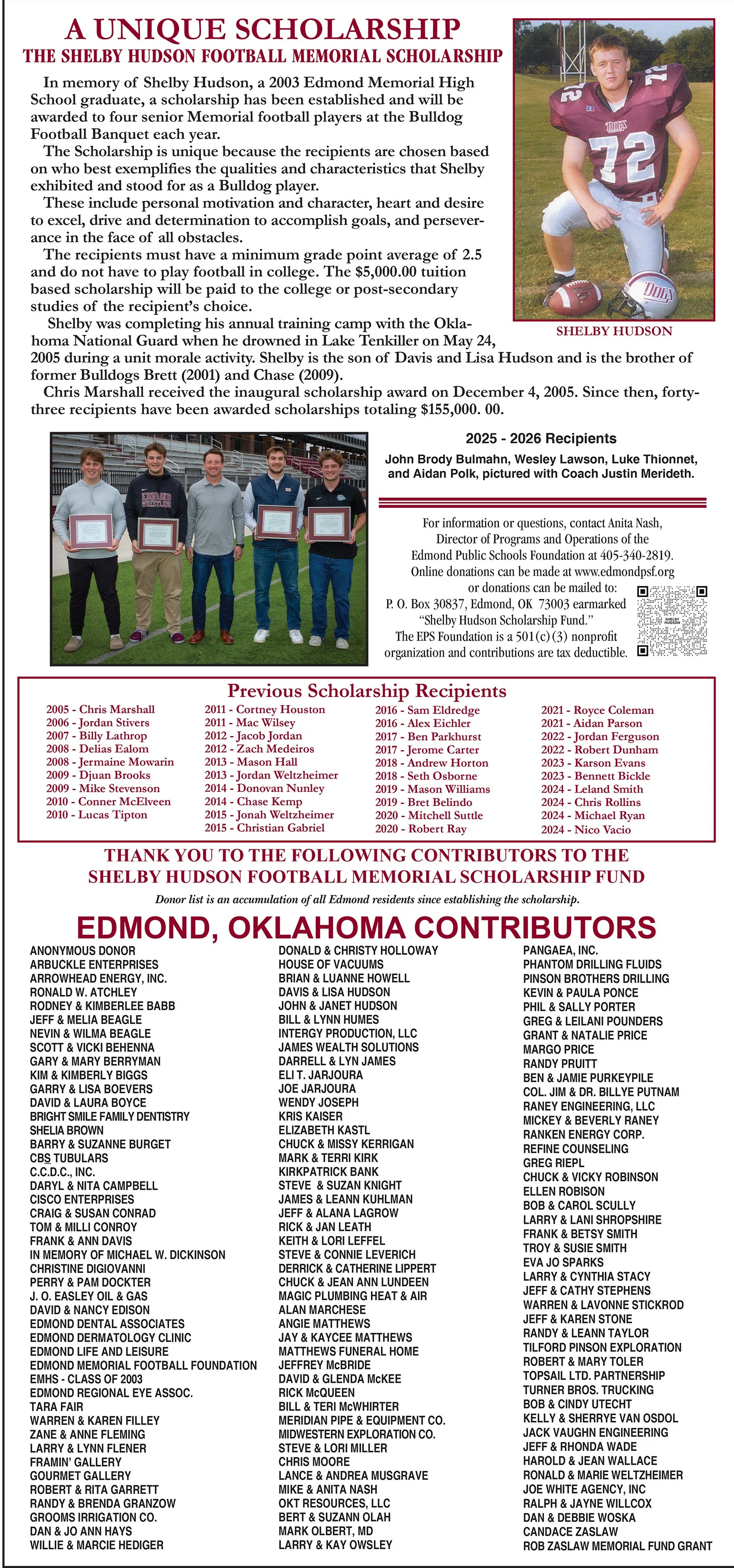 A newspaper or flyer announcing the Shelby Hudson Football Memorial Scholarship, including a photo of Shelby Hudson in a football uniform, a group photo of scholarship recipients holding certificates, and a list of previous recipients and contributors.