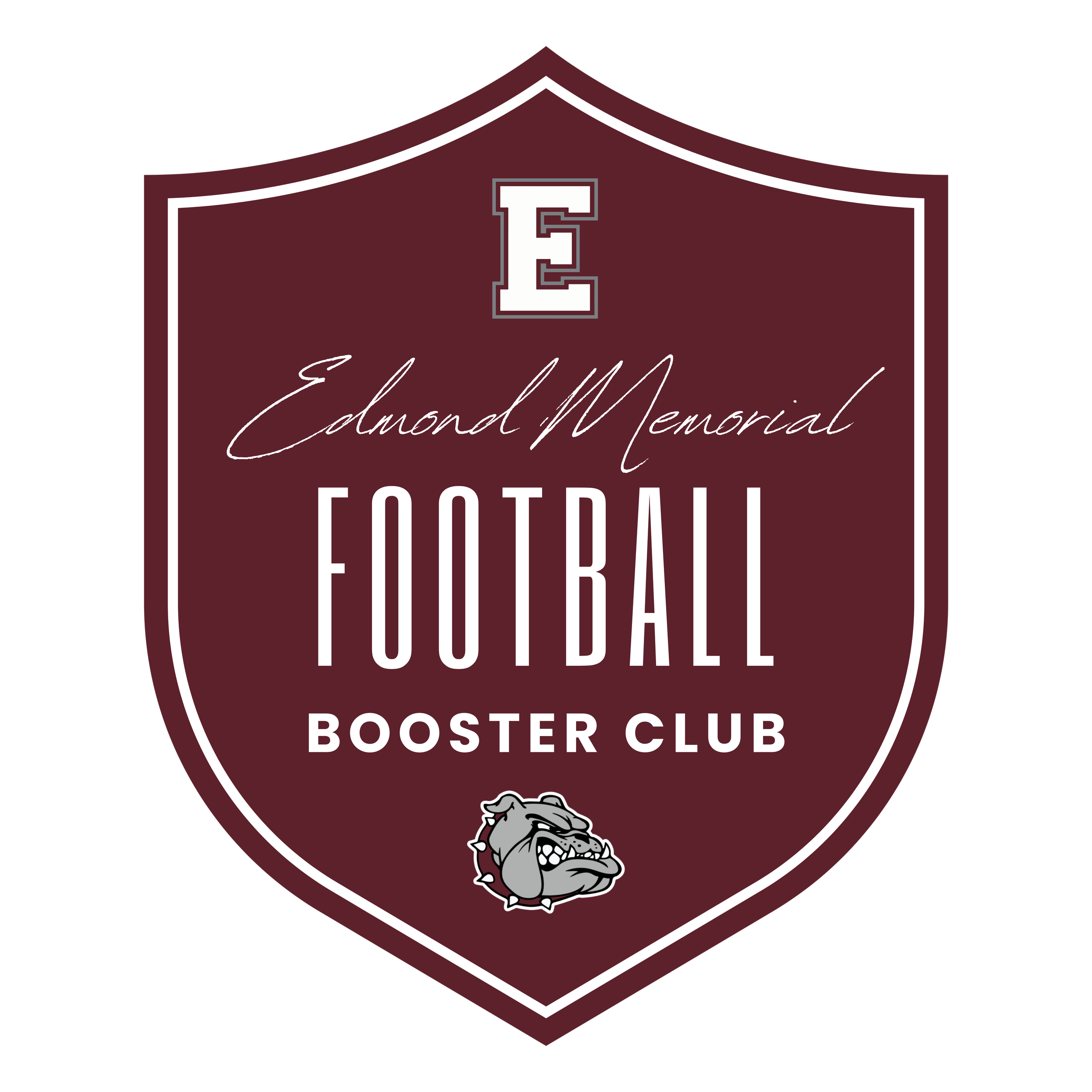 Emerson Memorial Football Booster Club logo featuring a maroon shield with white and black outline, white text, and a cartoon bulldog mascot at the bottom.
