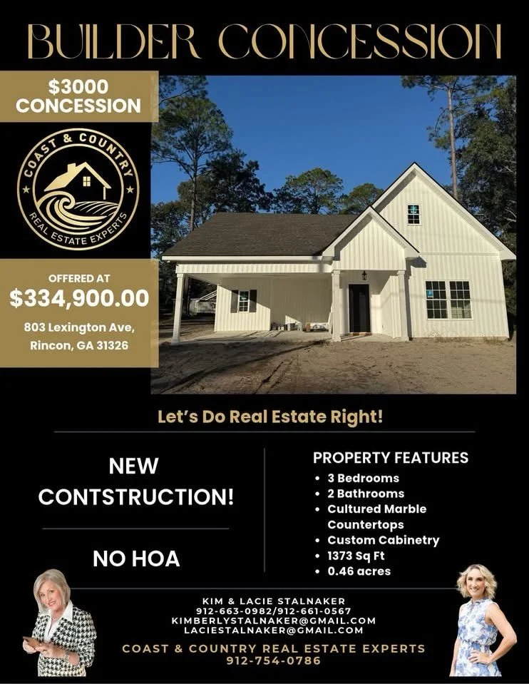 🚨 $3000 BUILDER CONCESSION | NEW CONSTRUCTION 🚨 

📍 803 Lexington Ave, Rincon Ga 31326

❤️ In the heart of Rincon. Spacious carport with covered entry way. Perfect for front porch sitting! Step inside to your open foyer and drop your things to the