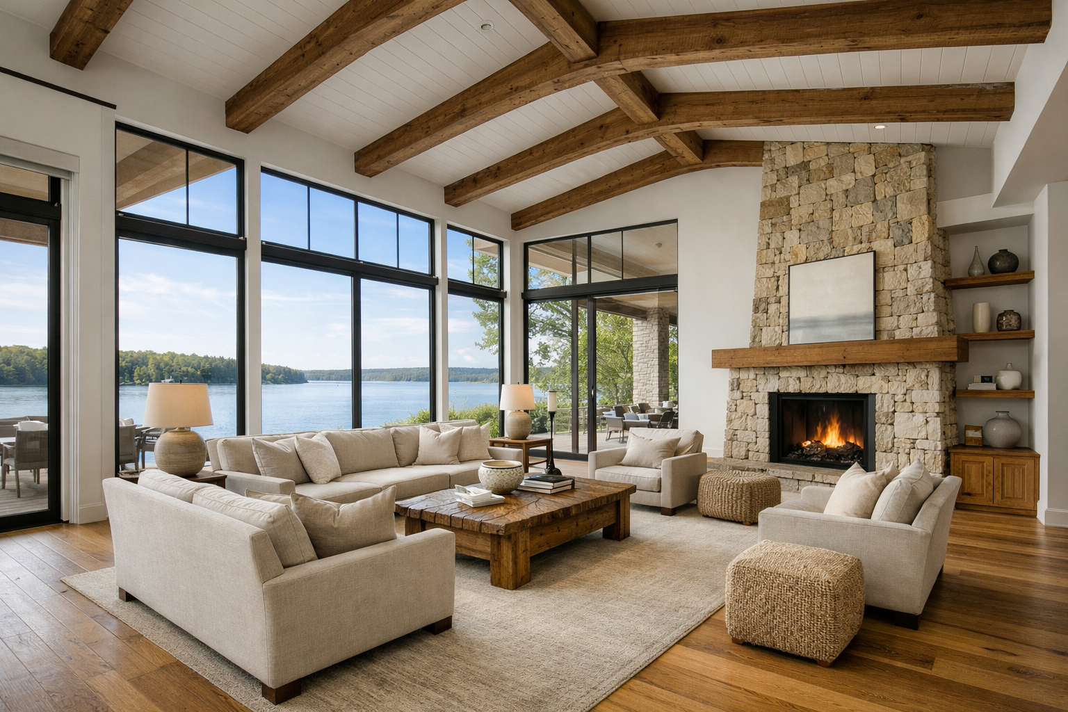 A luxury lakefront living room featuring expansive windows, exposed wood beams, a stone fireplace, and warm neutral finishes in a custom home in Southwest Michigan.
