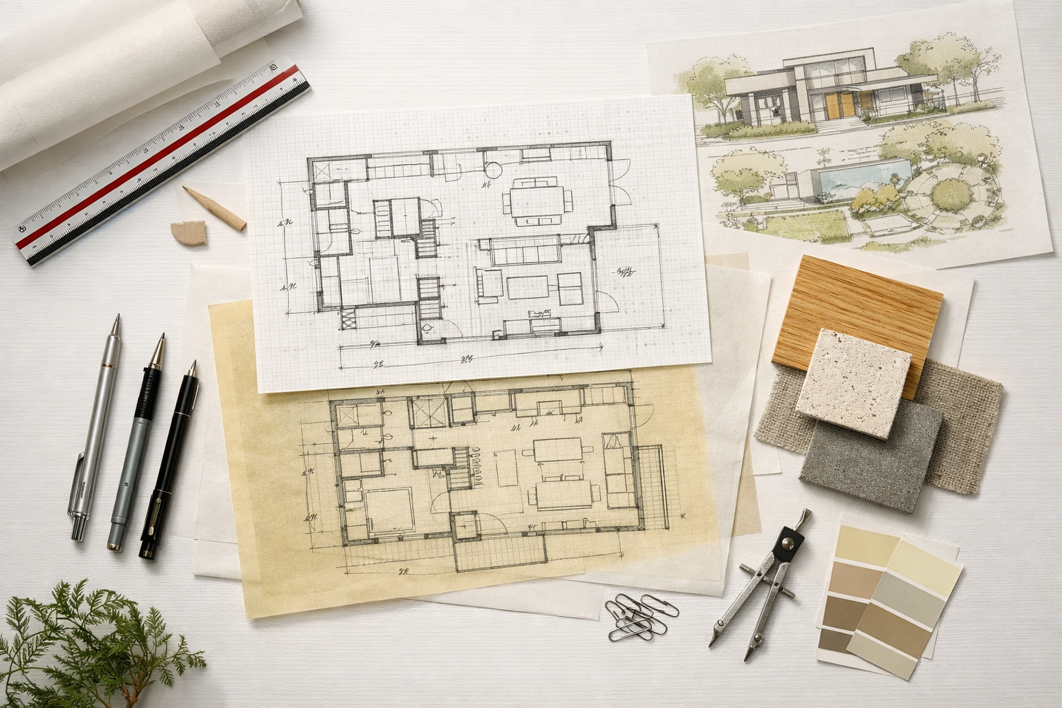 Architectural drawings, finish samples, and design tools representing the custom residential design process behind high-end homes and renovations by Sierra Residential Design in Southwest Michigan.