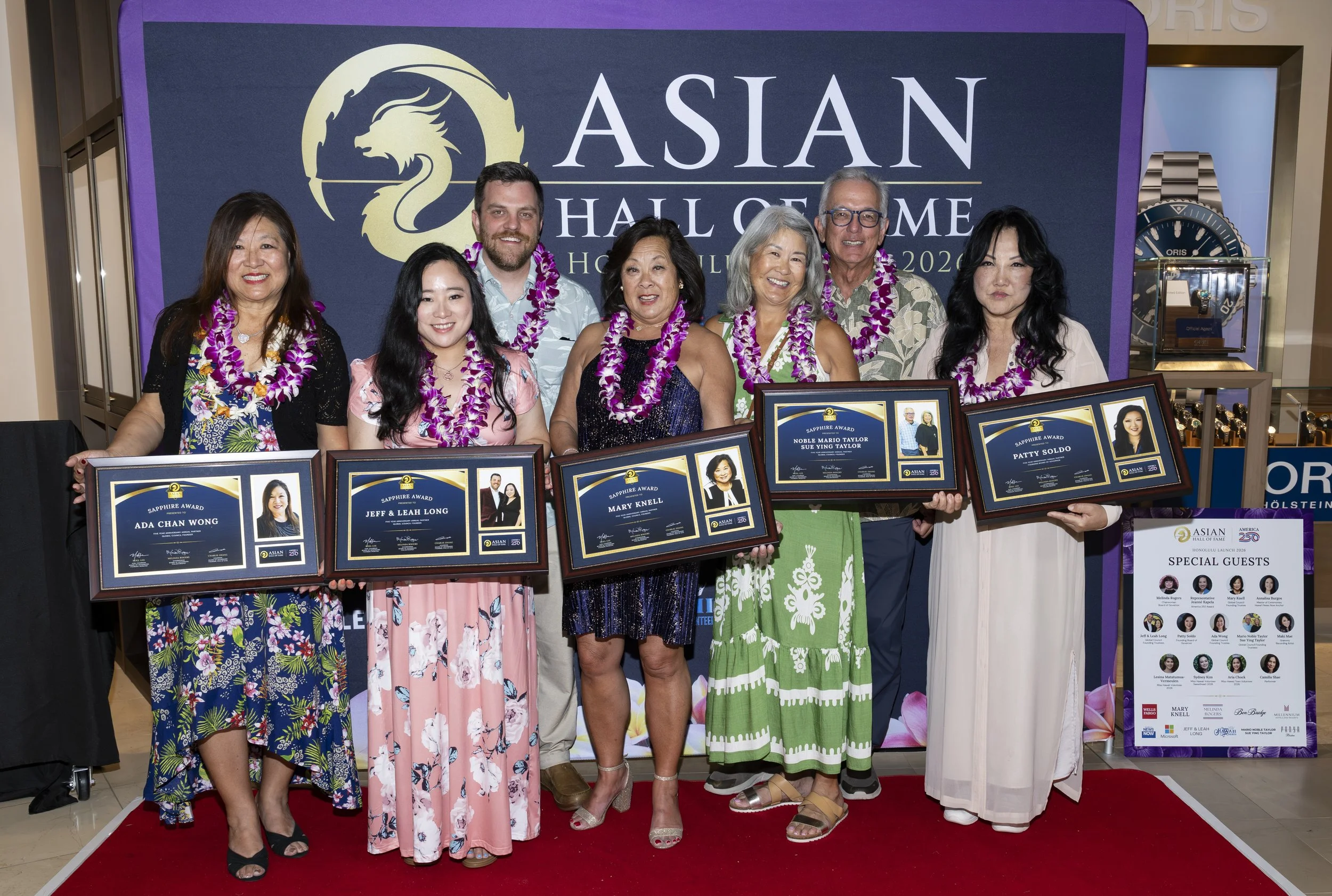 Sapphire Anniversary Awardees Ada Chan Wong, Jeff and Leah Long, Mary Knell, Noble Mario Taylor and Sue Ying Taylor, and Patty Soldo at Destination Hawai’i 2026