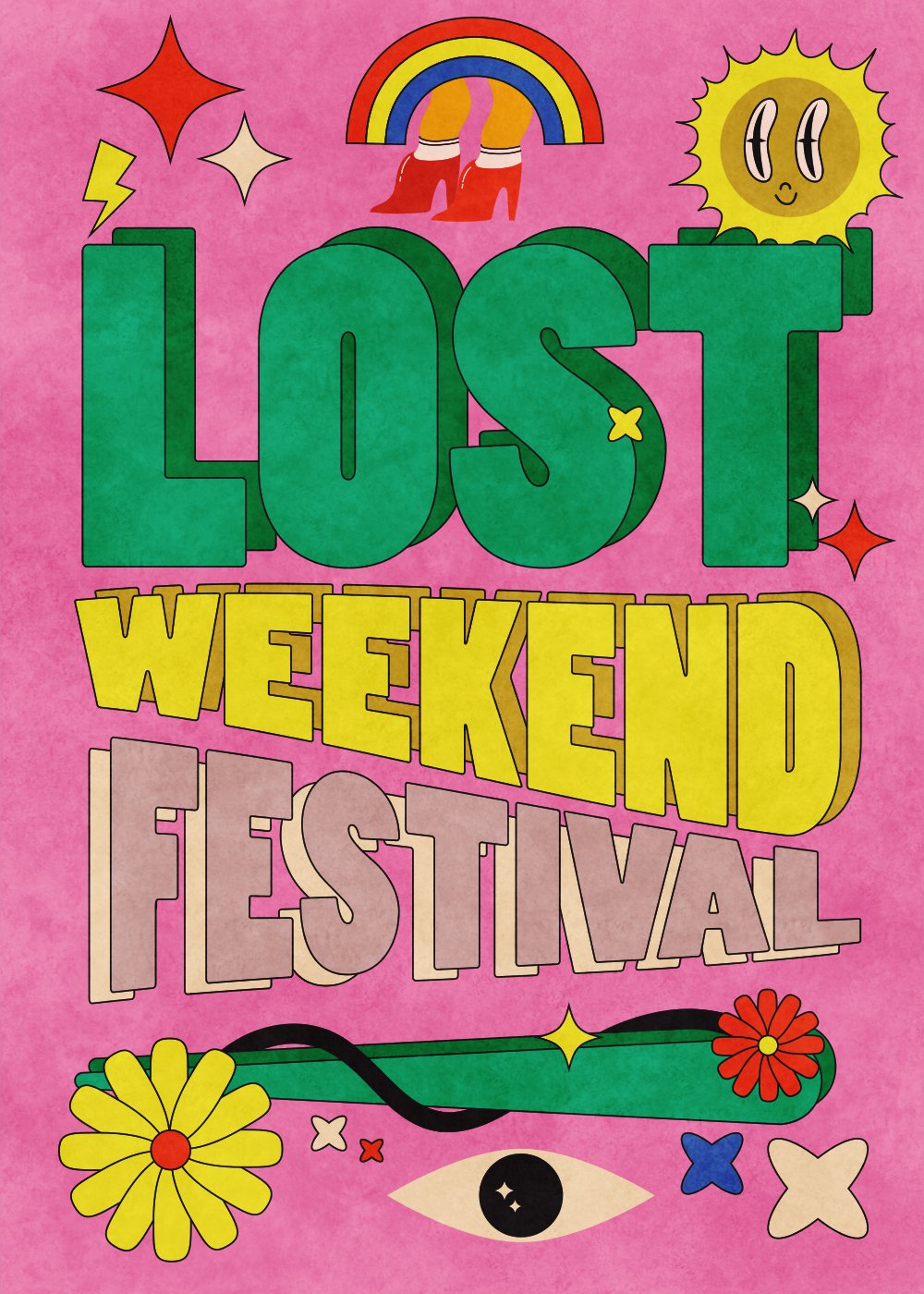 Colorful poster for the Los Angeles Weekend Festival with large stylized text, a smiling sun, rainbow, yellow flowers, and decorative stars and butterflies on a pink background.