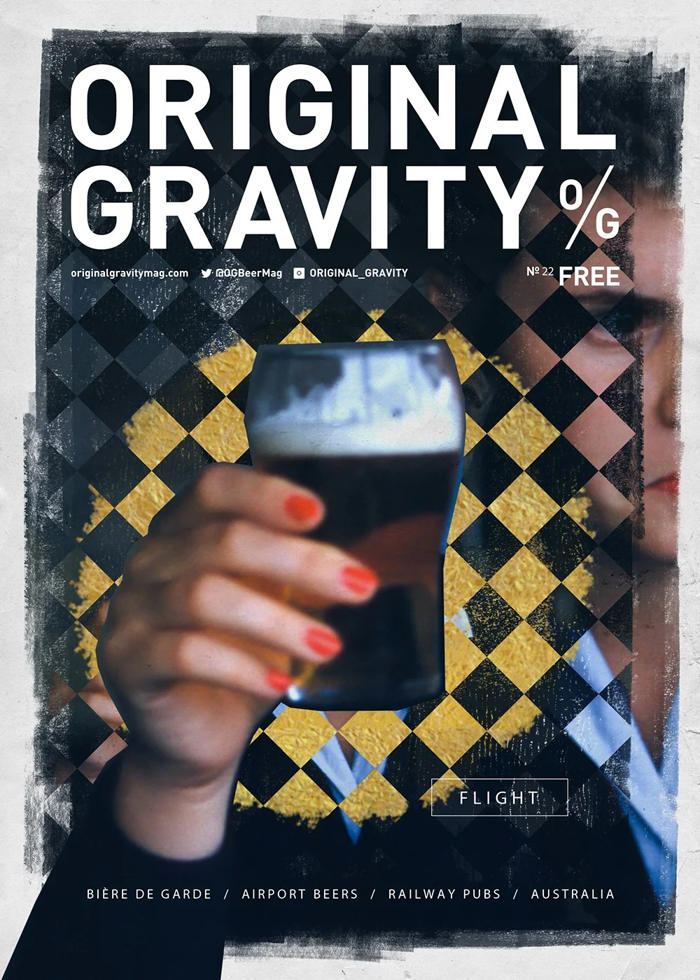 A woman holding a glass of dark beer, with vibrant red painted nails, partially obscures her face. The background features a gold and black checkered pattern, with bold white text at the top reading "Original Gravity" and additional information about beer topics and Australia at the bottom.