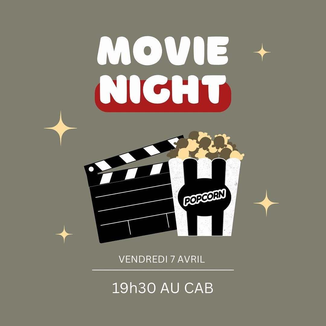 Hey ! On sait que vendredi commencent les vacances, mais on avait envie de proposer un truc chill vendredi ! 🦋🙌🏻

Alors si tu es chaud, on t&rsquo;attend vendredi &agrave; 19:30 au CAB pour une ptite soir&eacute;e film, c&rsquo;est l&rsquo;occasio