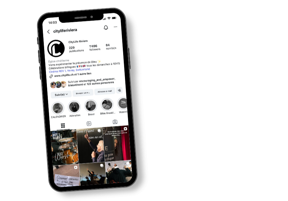 Capture d'écran d'un smartphone montrant le profil Instagram nommé 'cityliferiviera'