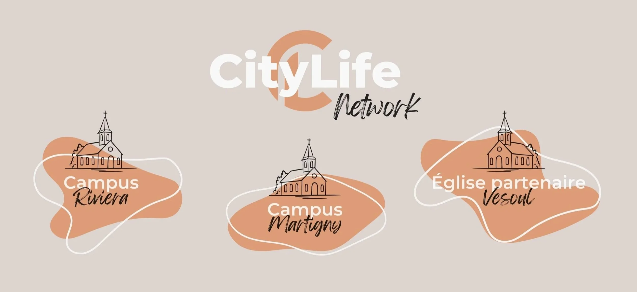 CityLife Network organigramme, avec l'église partenaire de Vesoul et les 2 campus, Riviera et Martigny