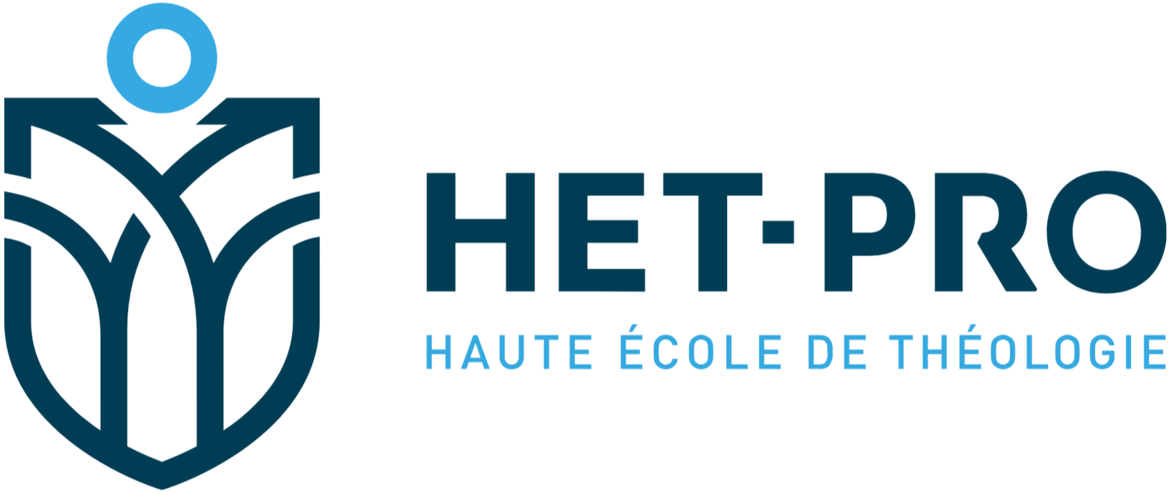 Logo de HET-PRO, haute école de théologie, avec un symbole stylisé d'une croix et un livre.