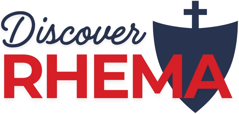 Logo avec le texte 'Discover RHEMA' et une croix sur une voile ou un bouclier