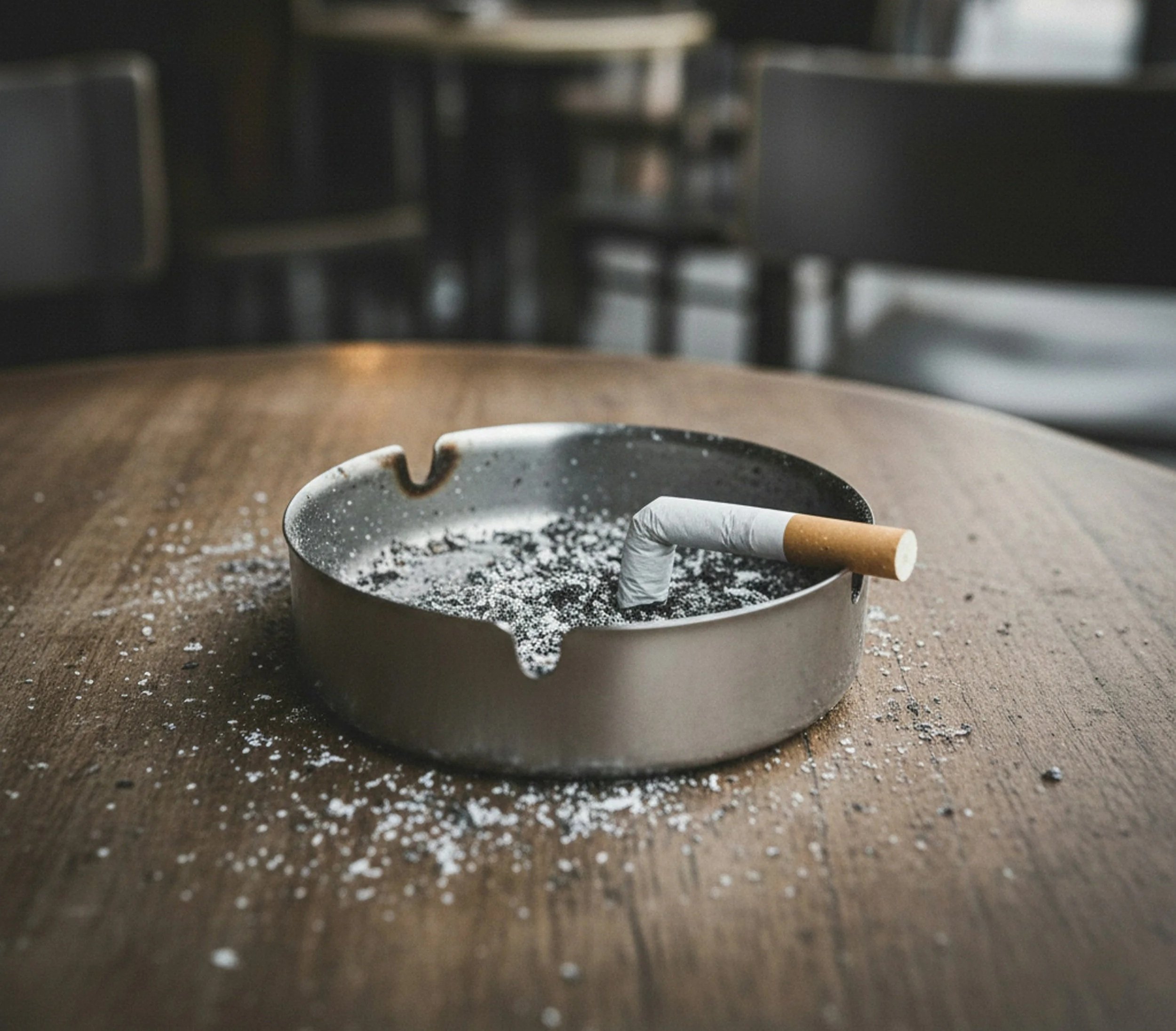 Cigarette écrasée sur un cendrier avec de la cendre éparpillée sur la table en bois d'un bistrot.