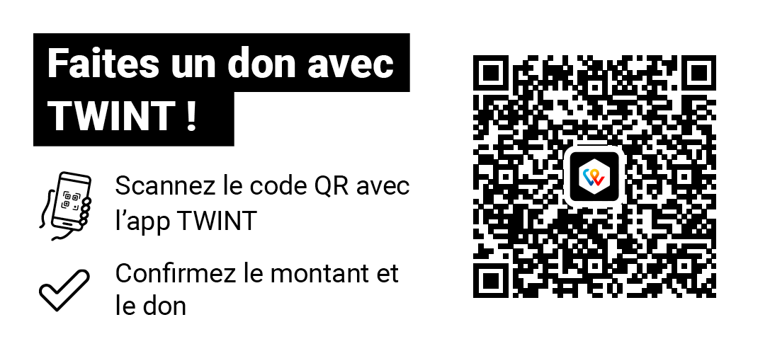 Carte de don avec un code QR, texte invitant à faire un don avec TWINT, avec une icône de téléphone et une coche.