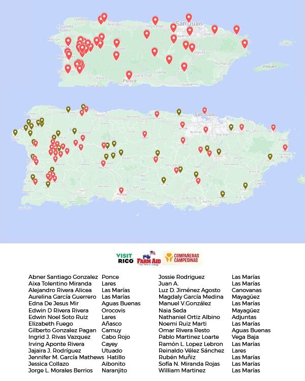 Thank you @Farm Aid!! 42 Love Cash Grants of $500, Labeled in Pink Red: 30 selected by VisitRico (4 Judges) and 12 selected by Compa&ntilde;eras Campesinas. In olive green we share our first efforts in Puerto Rico to support 40 farmers). With FarmAid