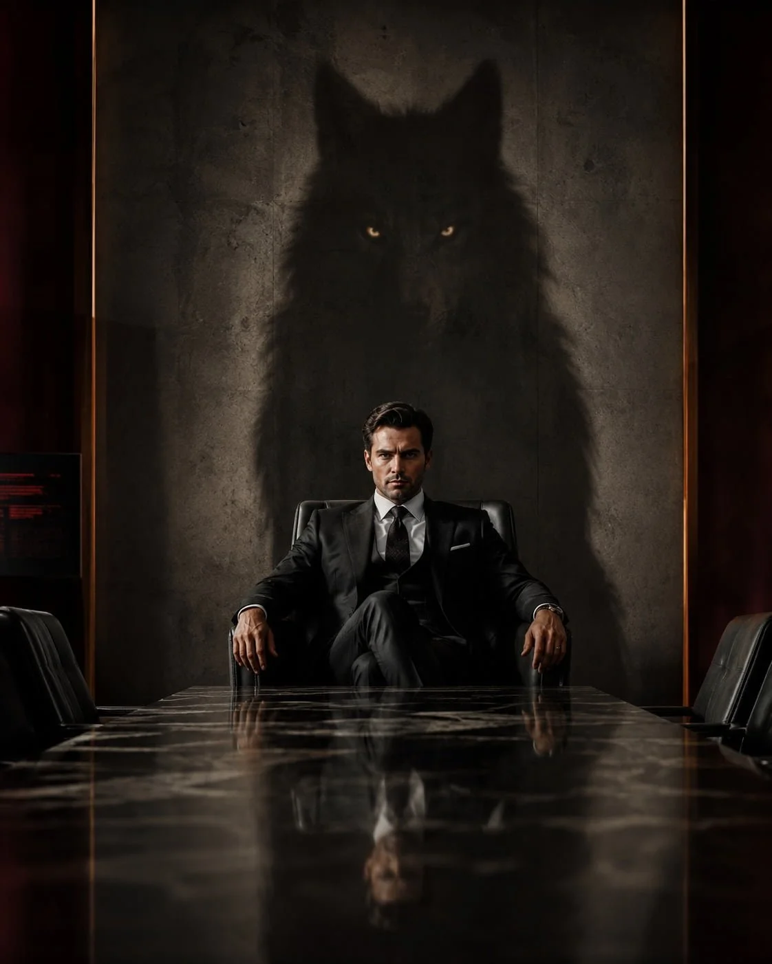 High-contrast luxury boardroom image illustrating Human Design Emotional Authority and self-mastery under intense executive pressure.