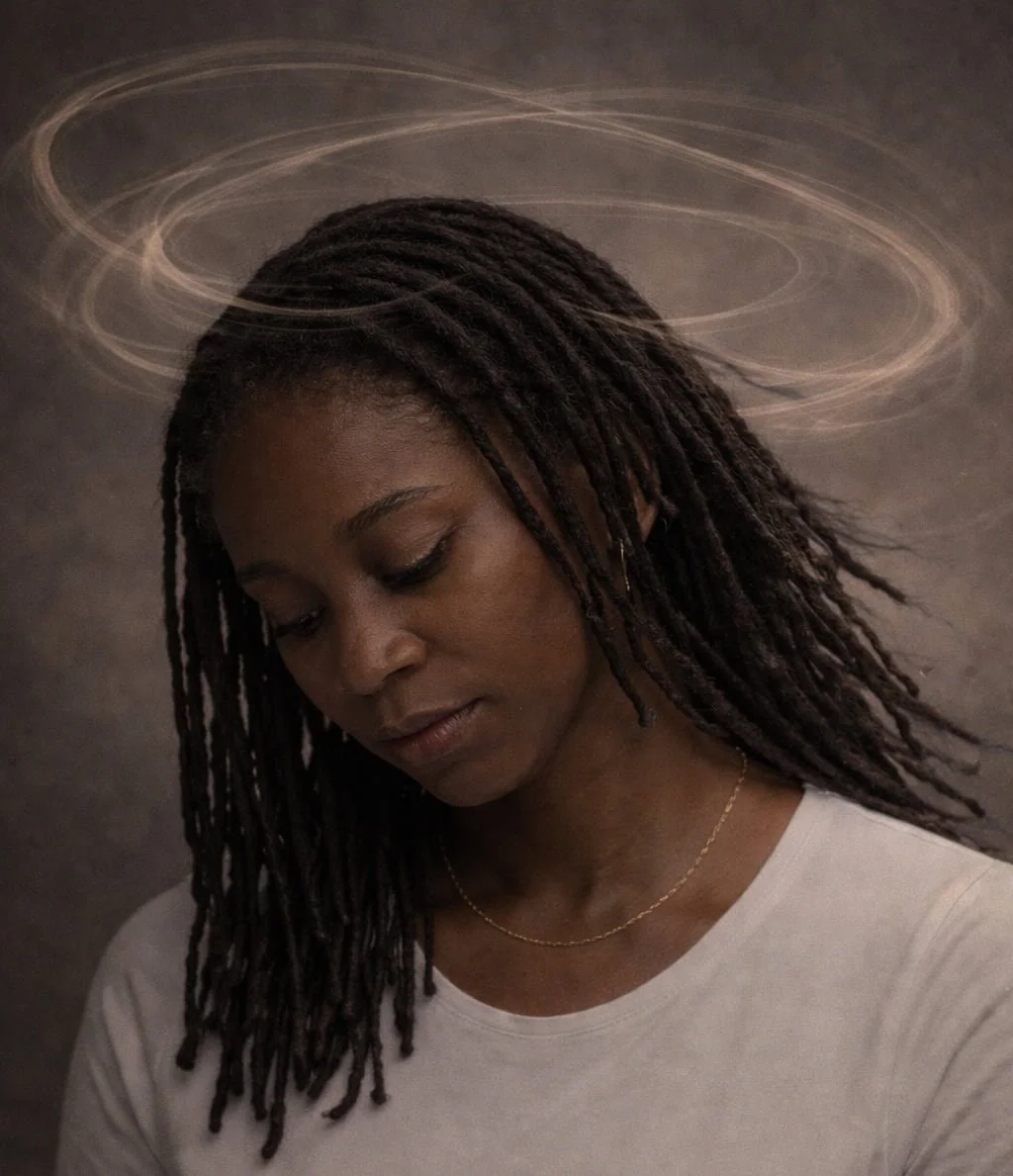 an image of ethereal glow around a calm beautful woman showing thinking paralysis