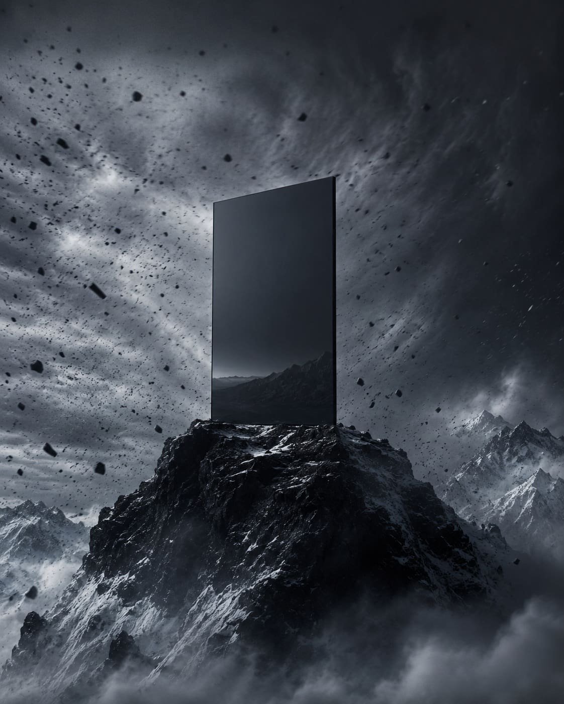 Minimalist black obsidian mirror on a misty mountain representing emotional openness, boundary mechanics, and psychological sovereignty.